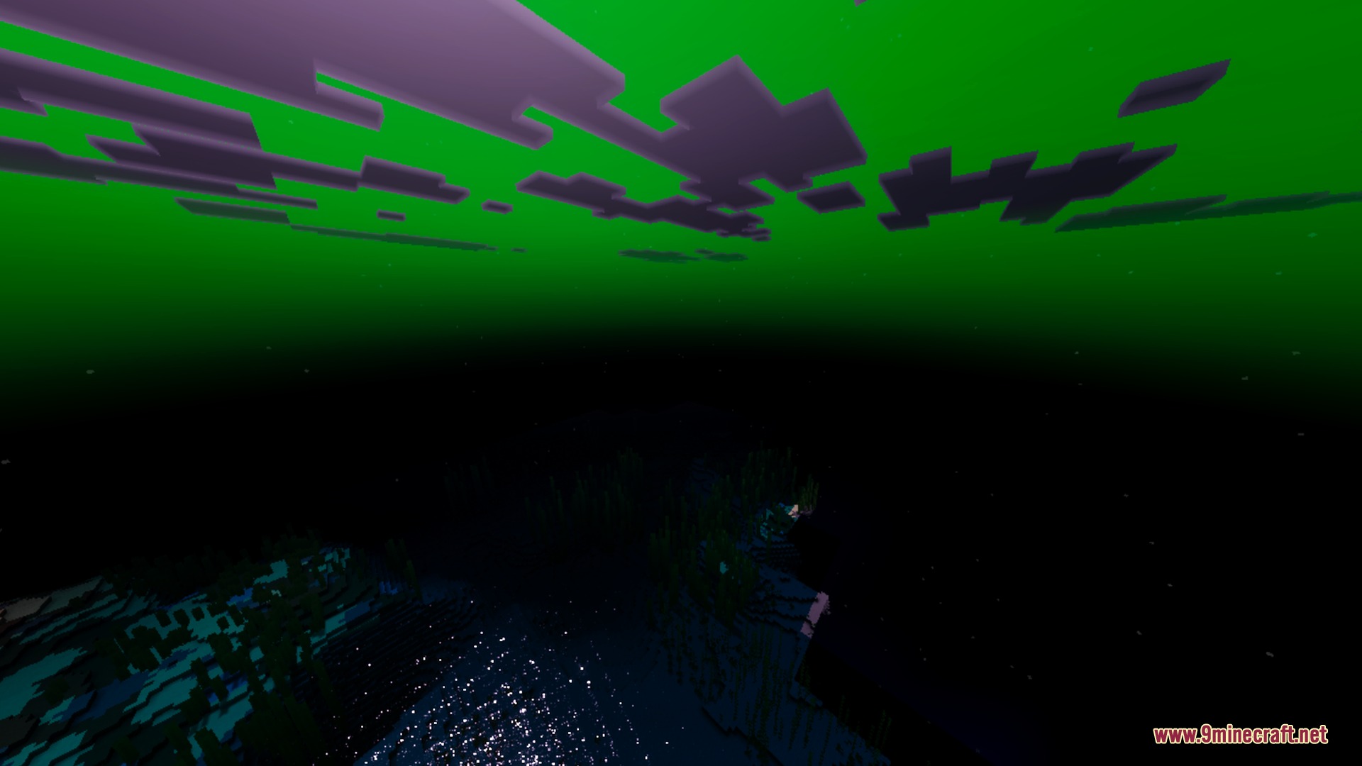 End Visual Dimension Shader Screenshot 3 Dark underwater view with a glowing green and purple sky above water