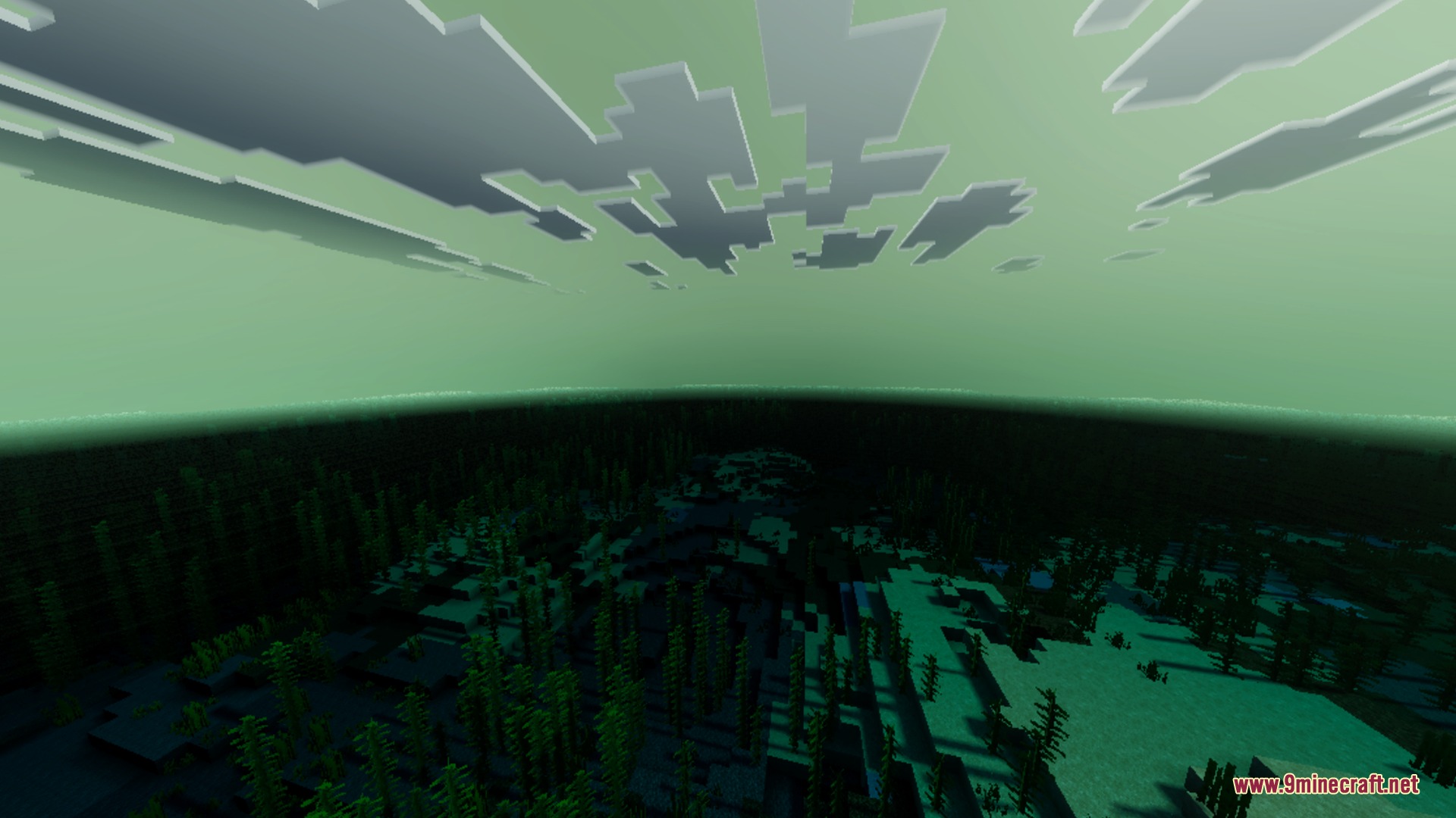 End Visual Dimension Shader Screenshot 4 Vast underwater kelp forest under a pale green sky with blocky clouds