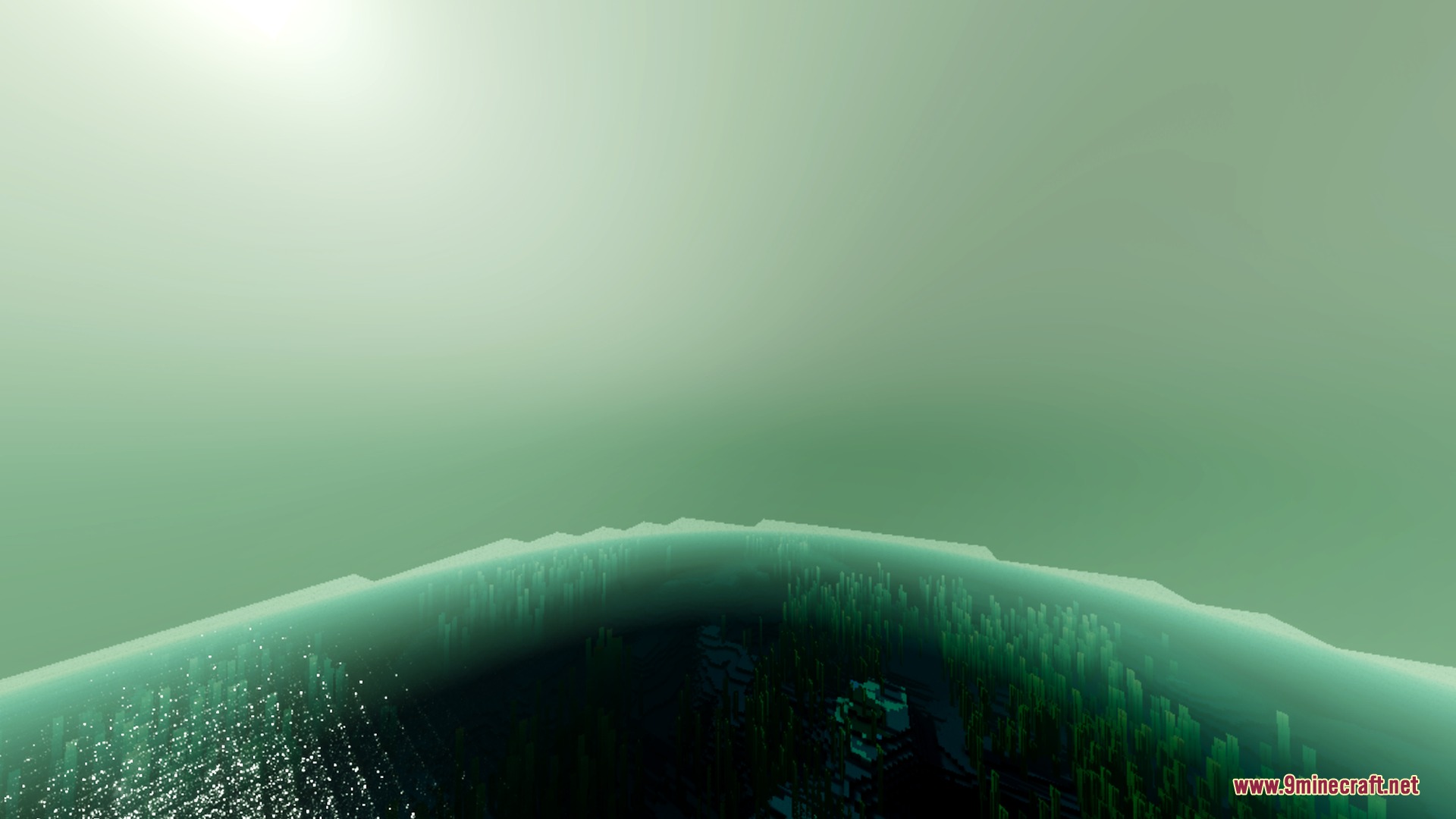 End Visual Dimension Shader Screenshot 6 Hazy green atmosphere over a deep ocean with realistic water surface reflections