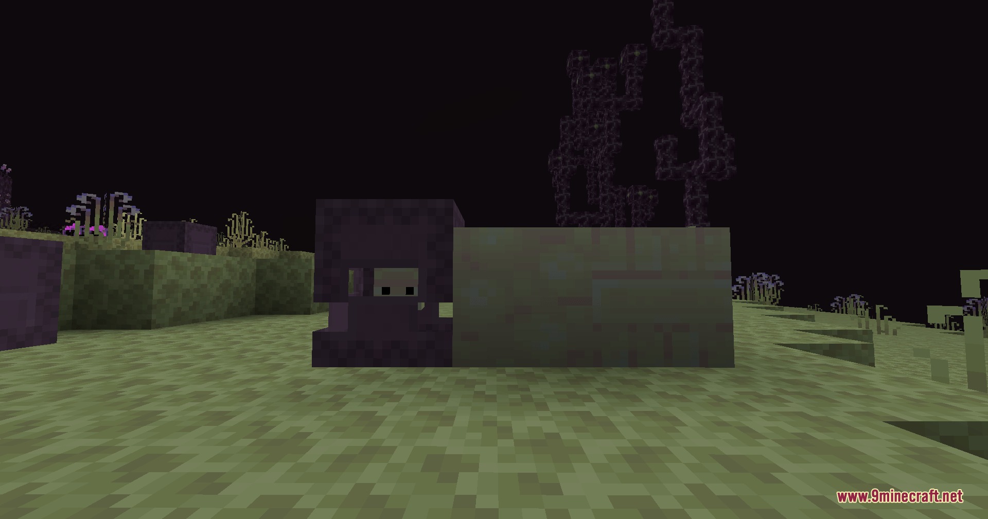 Ender Horizon Expand Mod Screenshot 2 A purple shulker mob stands next to a block in the End dimension