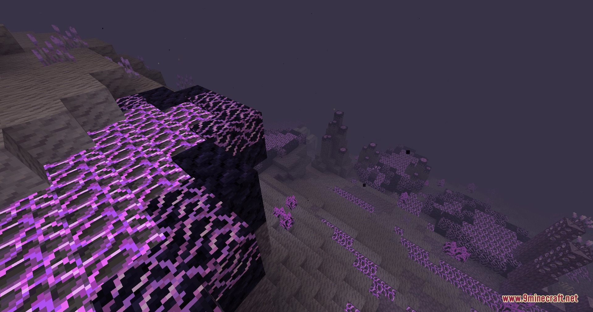 Ender Horizon Expand Mod Screenshot 4 Glowing purple patches cover the rocky landscape of the Vioacid Wastes biome