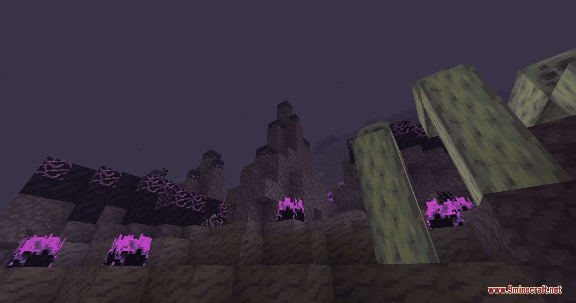 Ender Horizon Expand Mod Screenshot 5 Dark jagged terrain with purple glowing patches in the toxic Vioacid Wastes biome