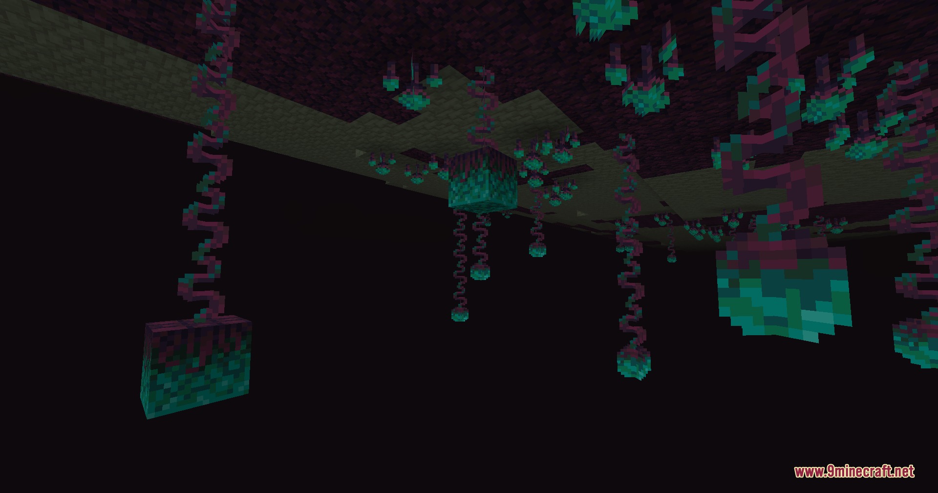 Ender Horizon Expand Mod Screenshot 8 Teal vines and blocks hanging from the ceiling of a dark End biome