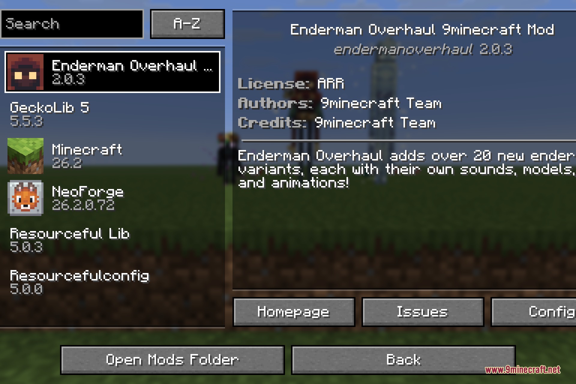 Enderman Overhaul selected in the NeoForge mods list showing the 9minecraft Team credits and homepage link
