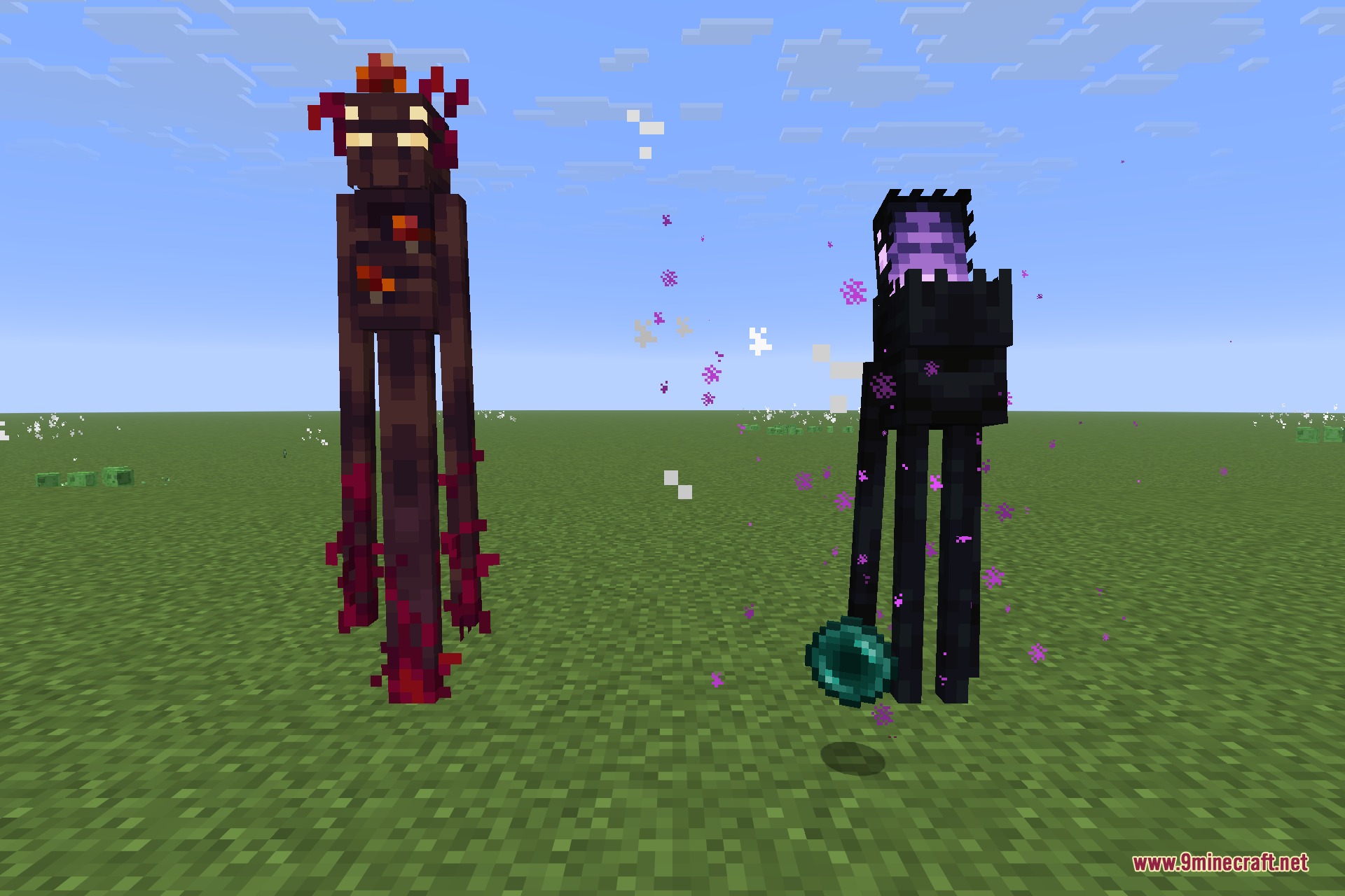 A row of biome enderman variants - coral, ice spikes, dark oak, crimson forest and more - standing together in the overworld