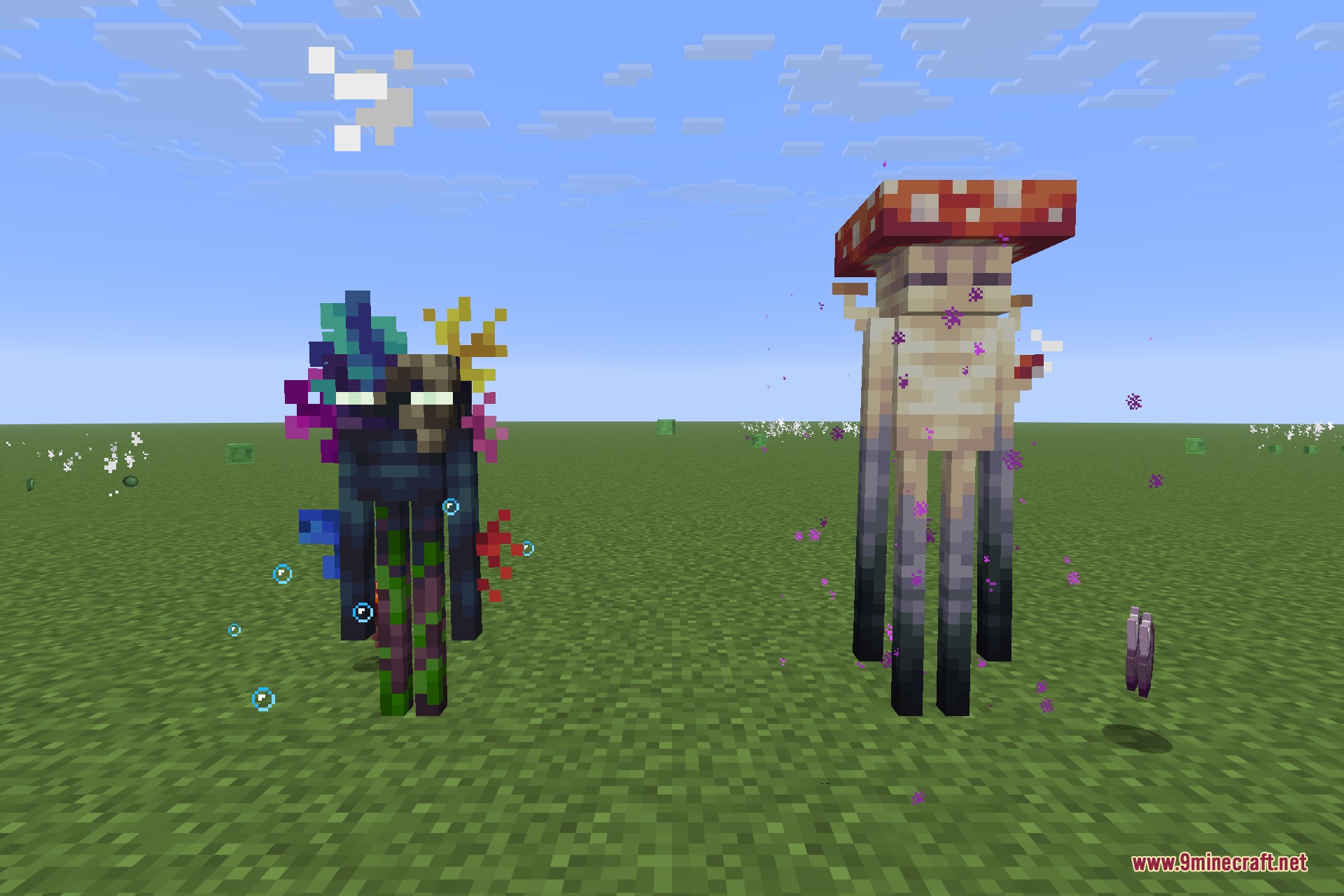 Close-up of the warped forest, crimson forest and End enderman variants with their glowing eyes and ambient particles
