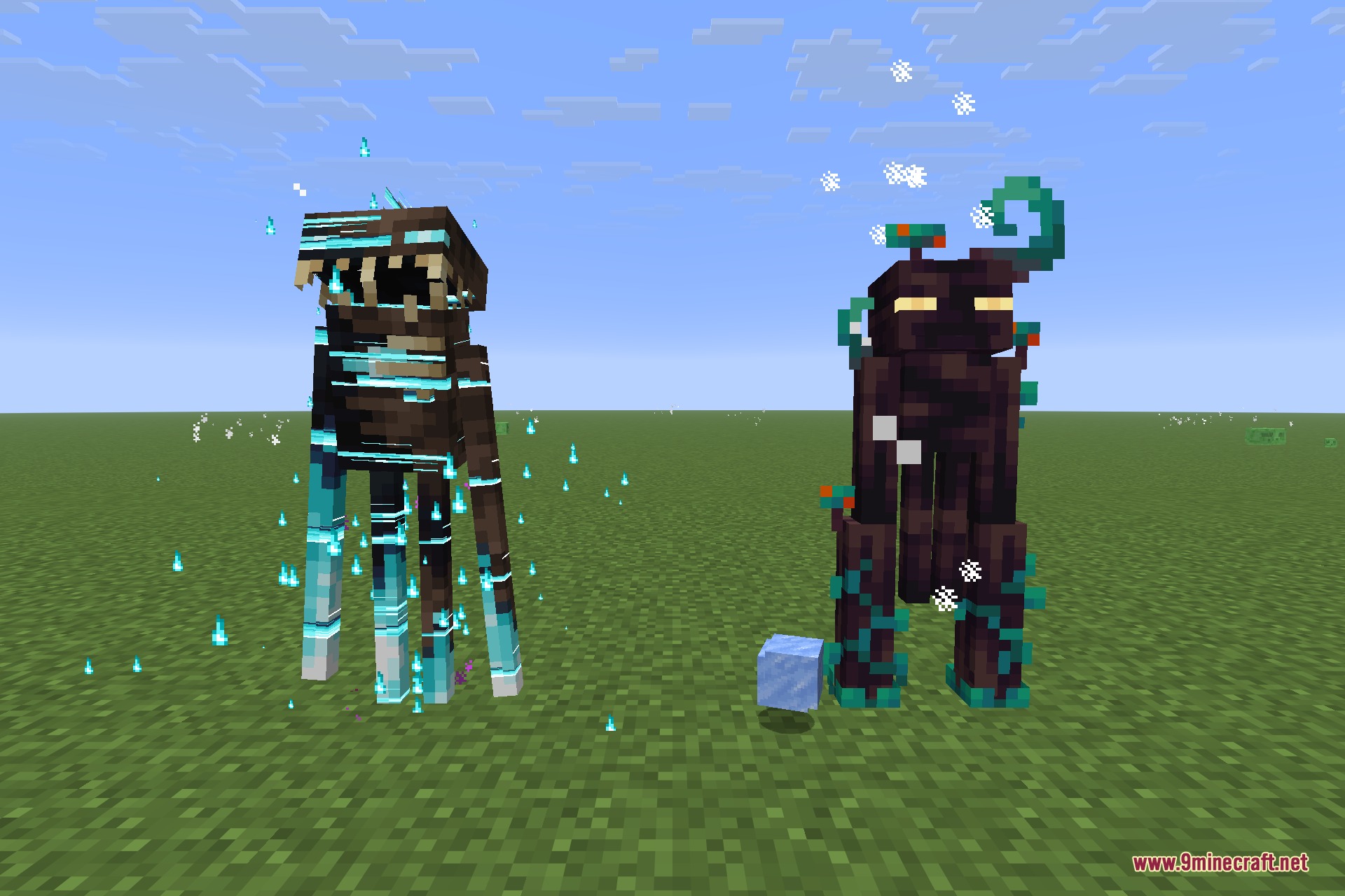Wide showcase of eight enderman variants, each with a distinct model, colour scheme and silhouette