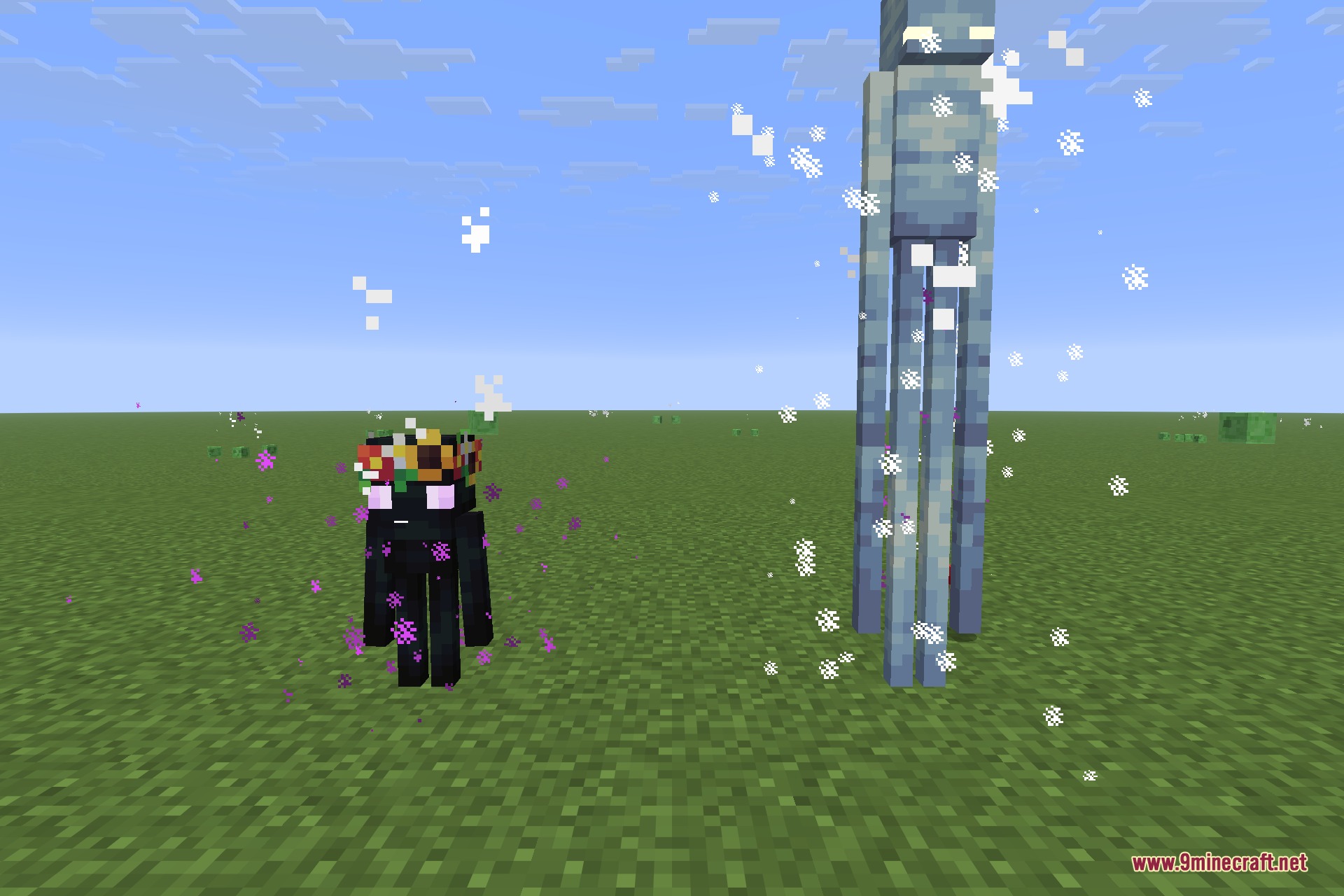 The mushroom fields, coral and antlered dark oak endermen shown up close to highlight their custom models