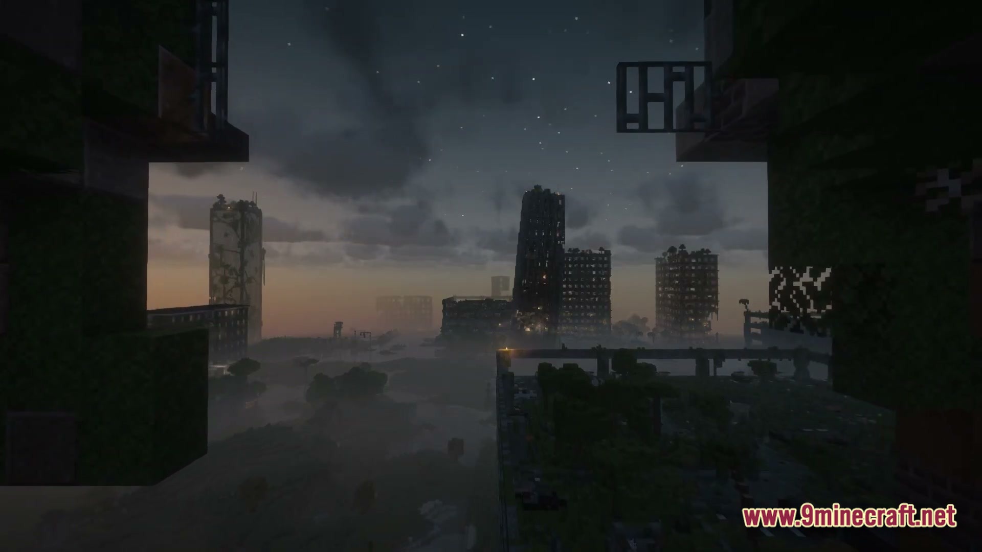 Epoch of Decadence Modpack Screenshot 1 Dilapidated skyscrapers and overgrown urban ruins under a starry night sky in a post-apocalyptic landscape
