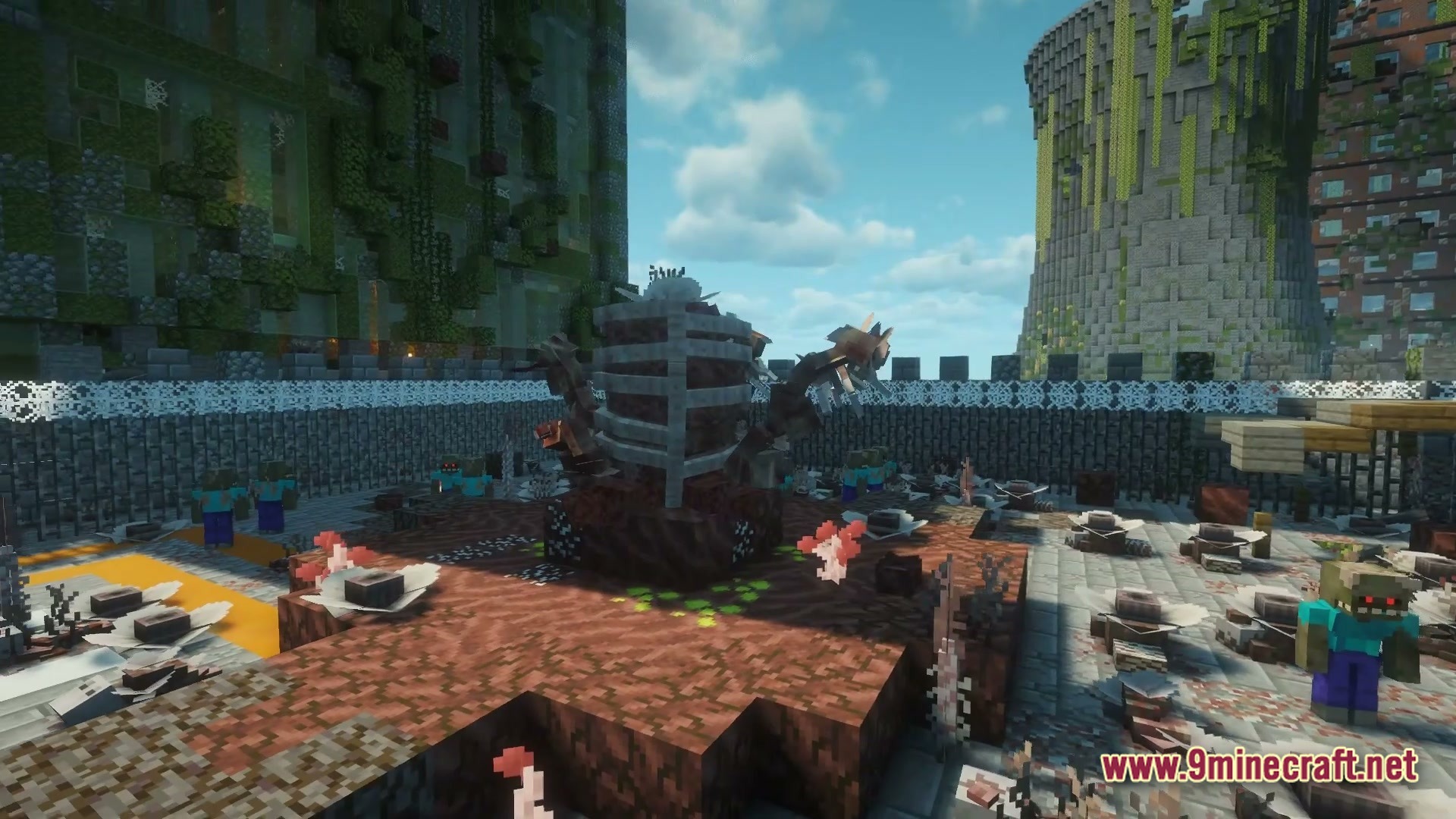 Epoch of Decadence Modpack Screenshot 2 Zombies surround a central structure within a walled urban area featuring overgrown buildings and cooling towers