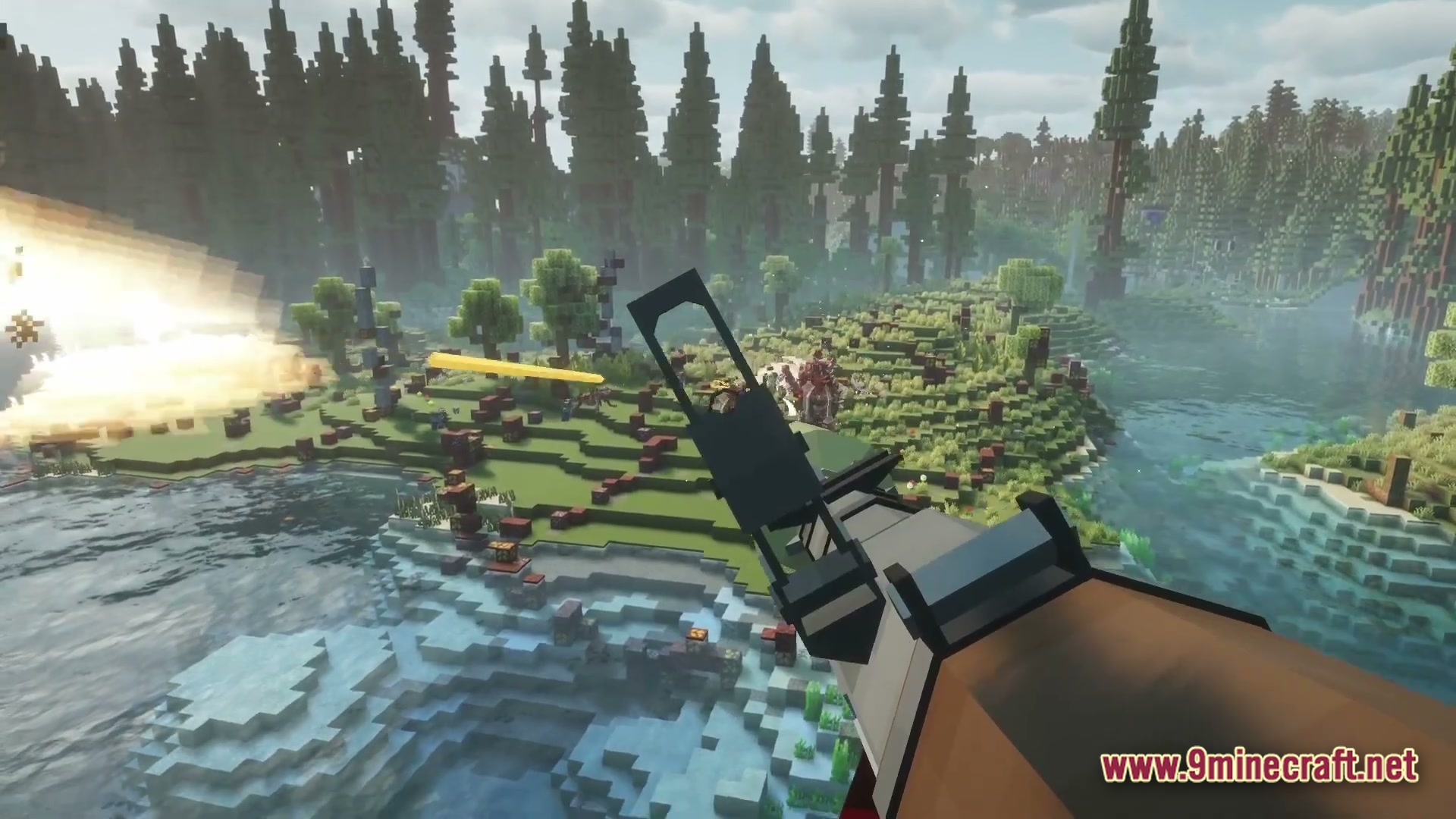 Epoch of Decadence Modpack Screenshot 3 A first-person view of a player aiming a firearm at enemies in a forest biome