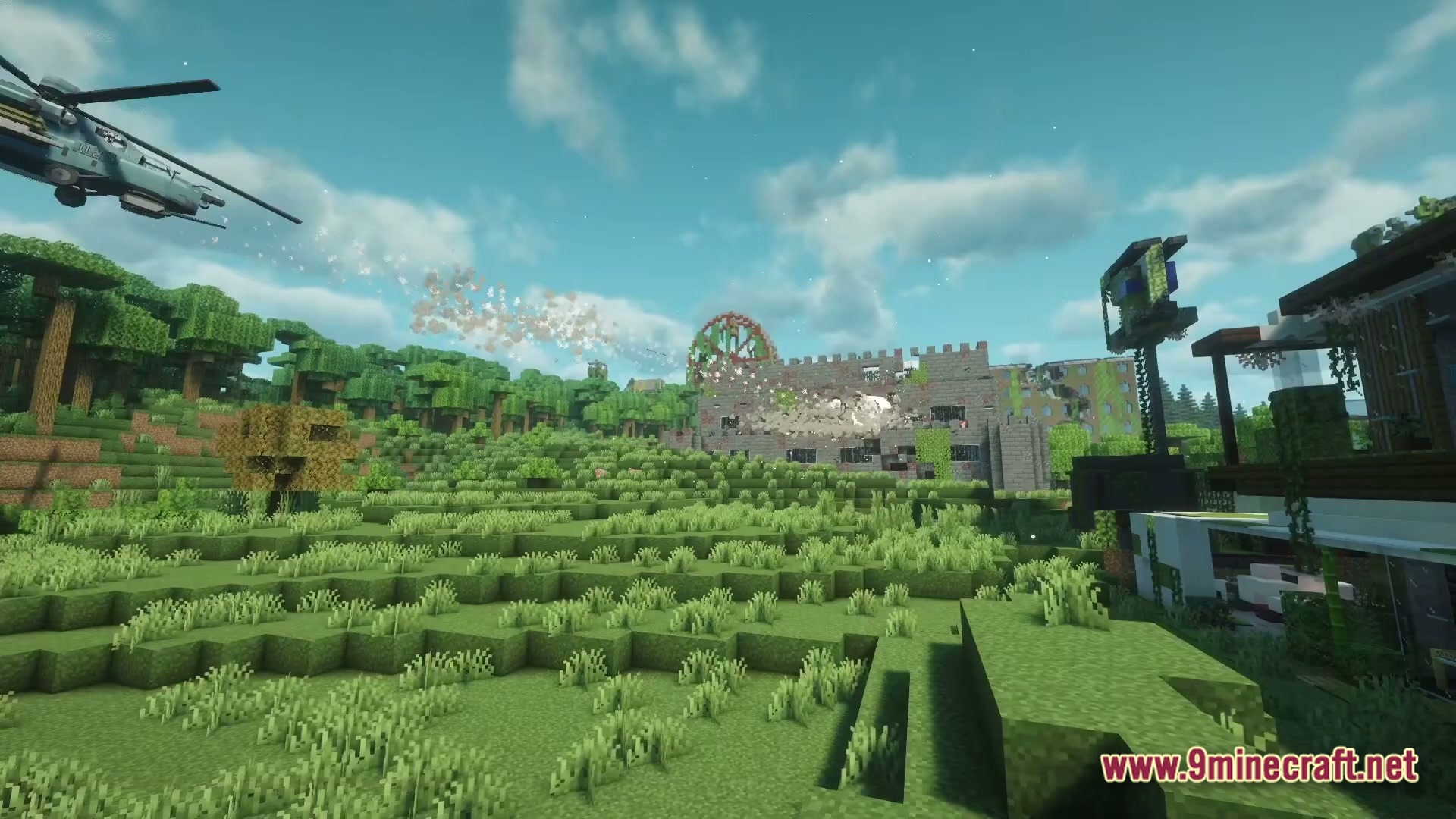 Epoch of Decadence Modpack Screenshot 4 A military helicopter fires missiles at a stone fortress within a lush, overgrown forest landscape