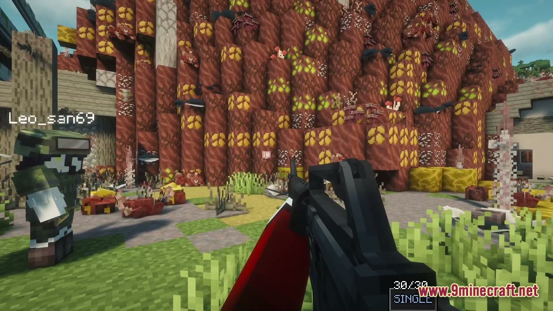 Epoch of Decadence Modpack Screenshot 5 A player holds an assault rifle while standing near another character and fleshy, mutated terrain