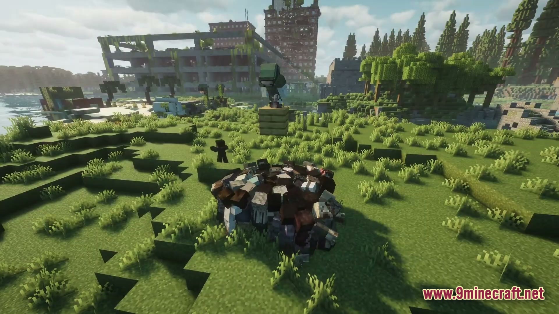 Epoch of Decadence Modpack Screenshot 6 A cluster of zombies stands in a grassy field near overgrown, abandoned city buildings and structures