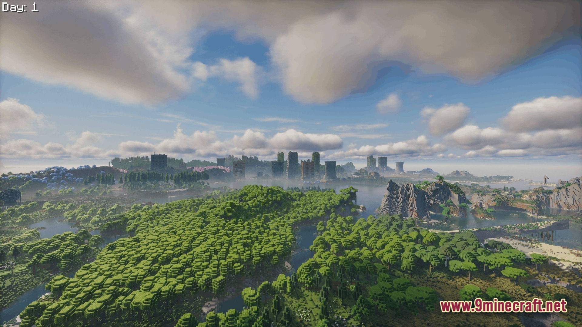 Epoch of Decadence Modpack Screenshot 9 Abandoned city skyscrapers and industrial cooling towers overlook a lush forest and coastal landscape