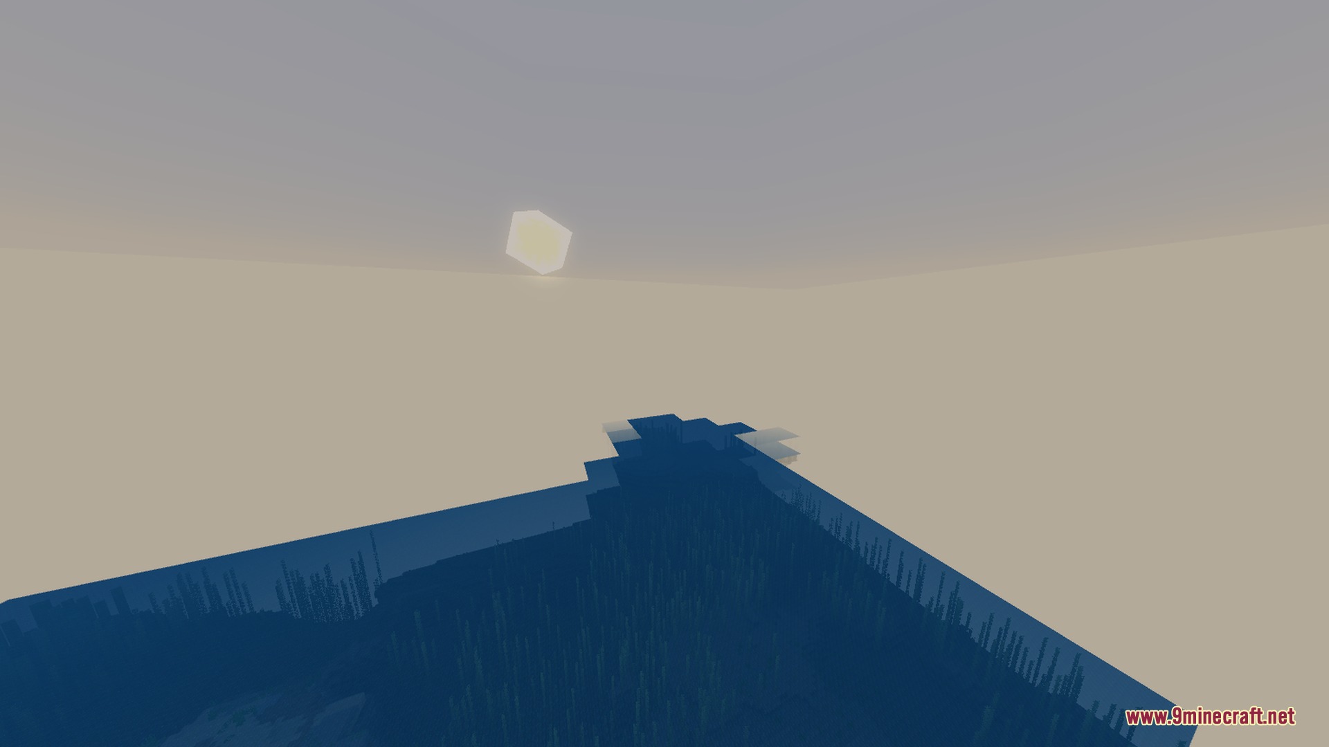 The square sun sets over a calm ocean with soft volumetric lighting