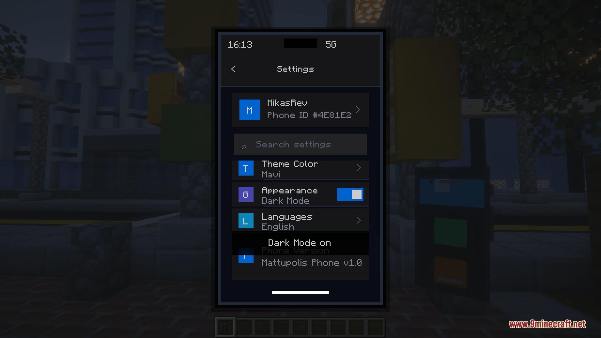 Ether Link Connect Mod Screenshot 1 Minecraft smartphone screen showing system settings and dark mode toggle options