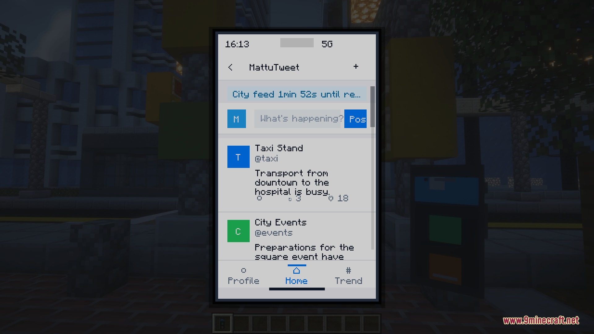 Ether Link Connect Mod Screenshot 6 The MattuTweet social media app interface on a smartphone screen in Minecraft