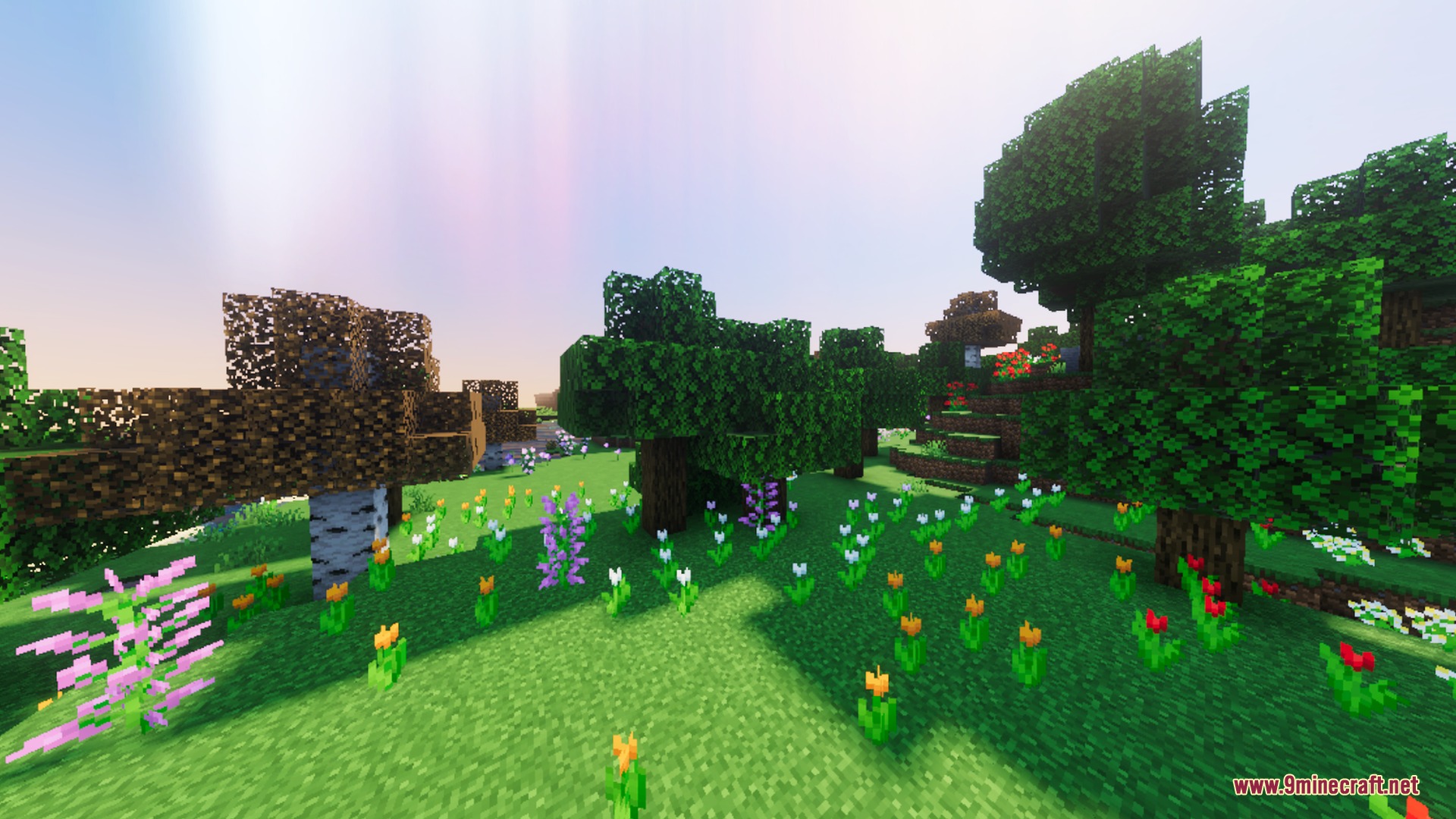 Ethereal Mystic Reworked Shader Screenshot 10 Colorful flowers bloom in a grassy field under a warm orange sun