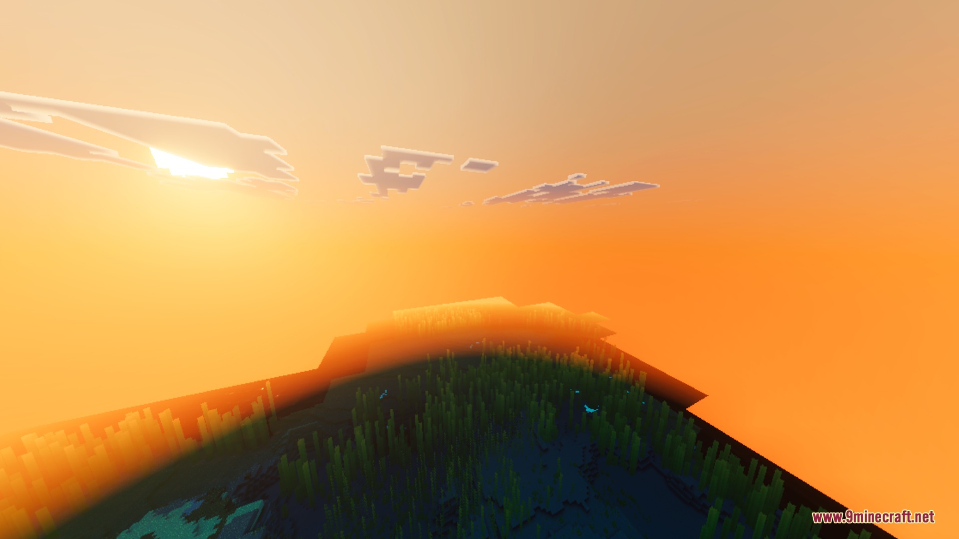 Ethereal Mystic Reworked Shader Screenshot 3 Atmospheric fog and warm orange lighting create a magical sunset in Minecraft