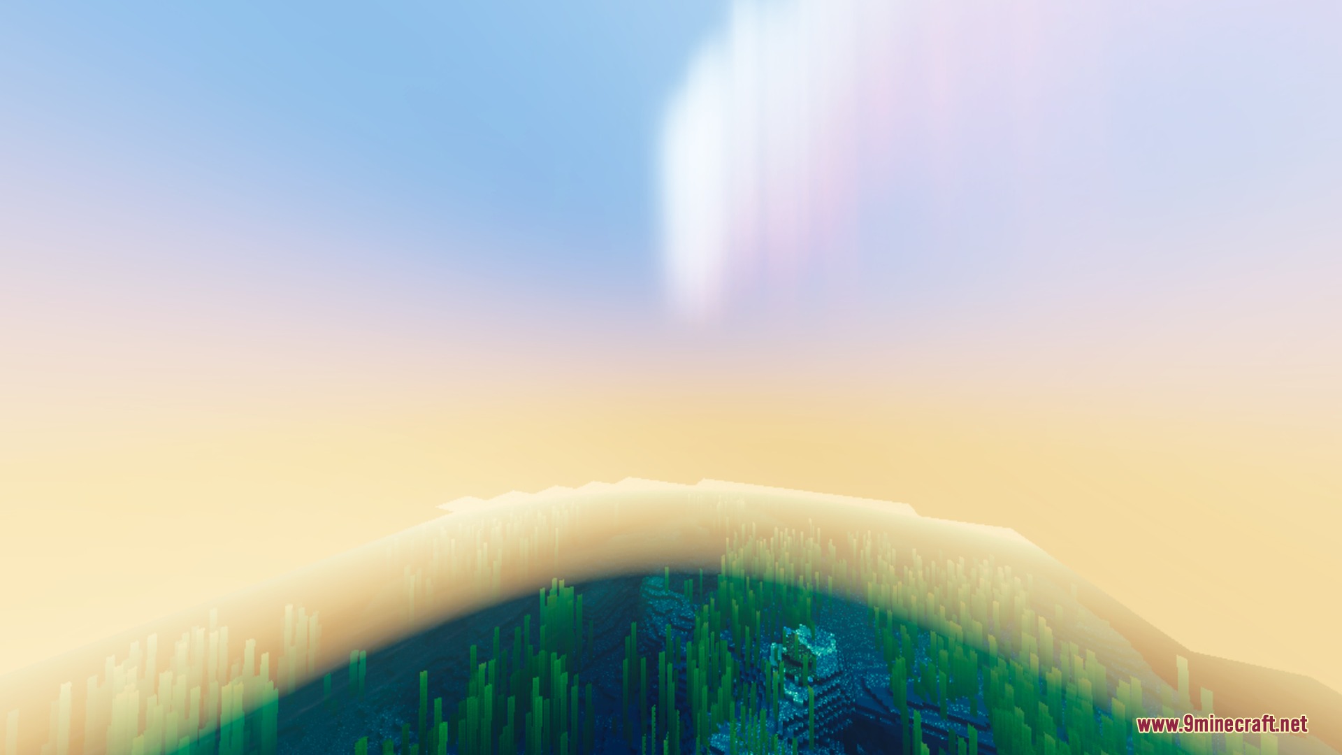 Ethereal Mystic Reworked Shader Screenshot 7 A magical aurora glows above an underwater ocean monument and tall green kelp
