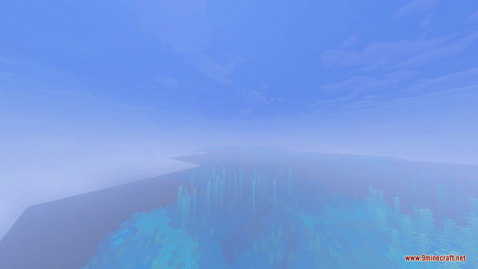 Dense blue fog covering a vast ocean with visible underwater kelp and plants