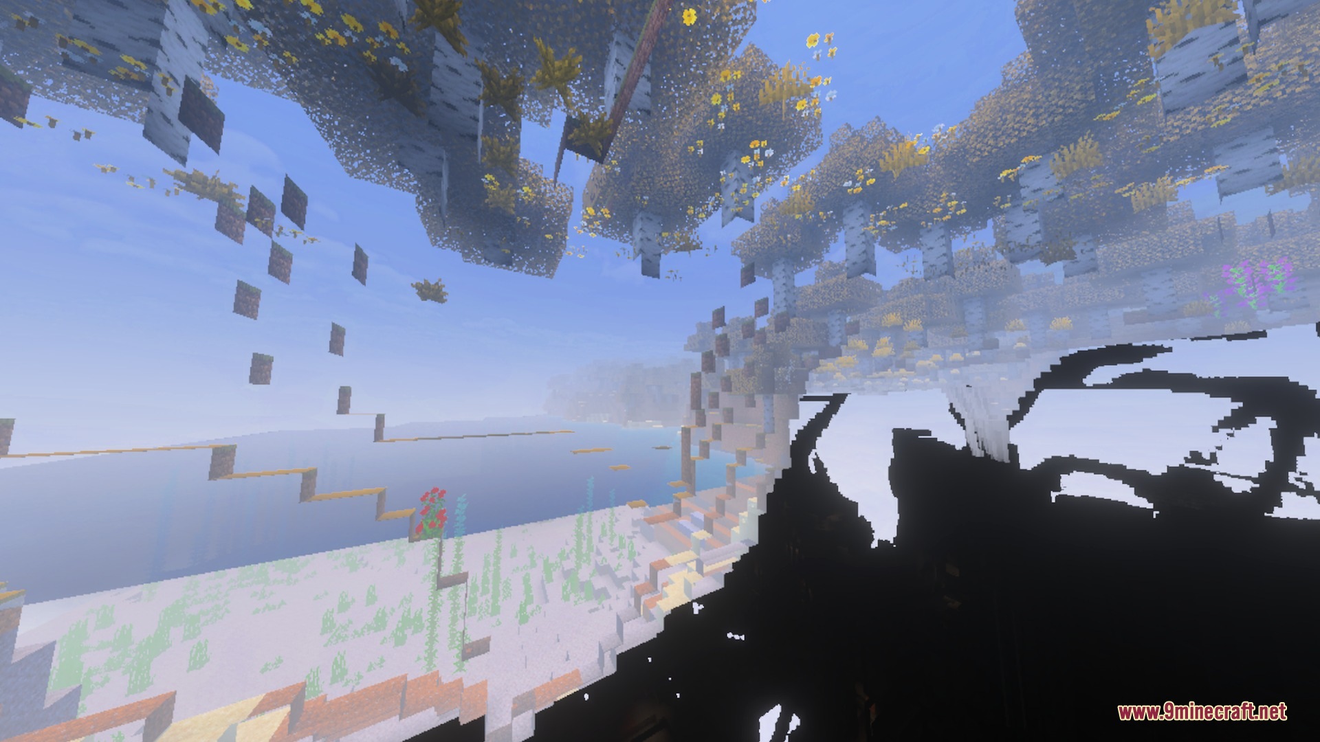 A bright coastal landscape with cinematic fog and lighting effects in Minecraft