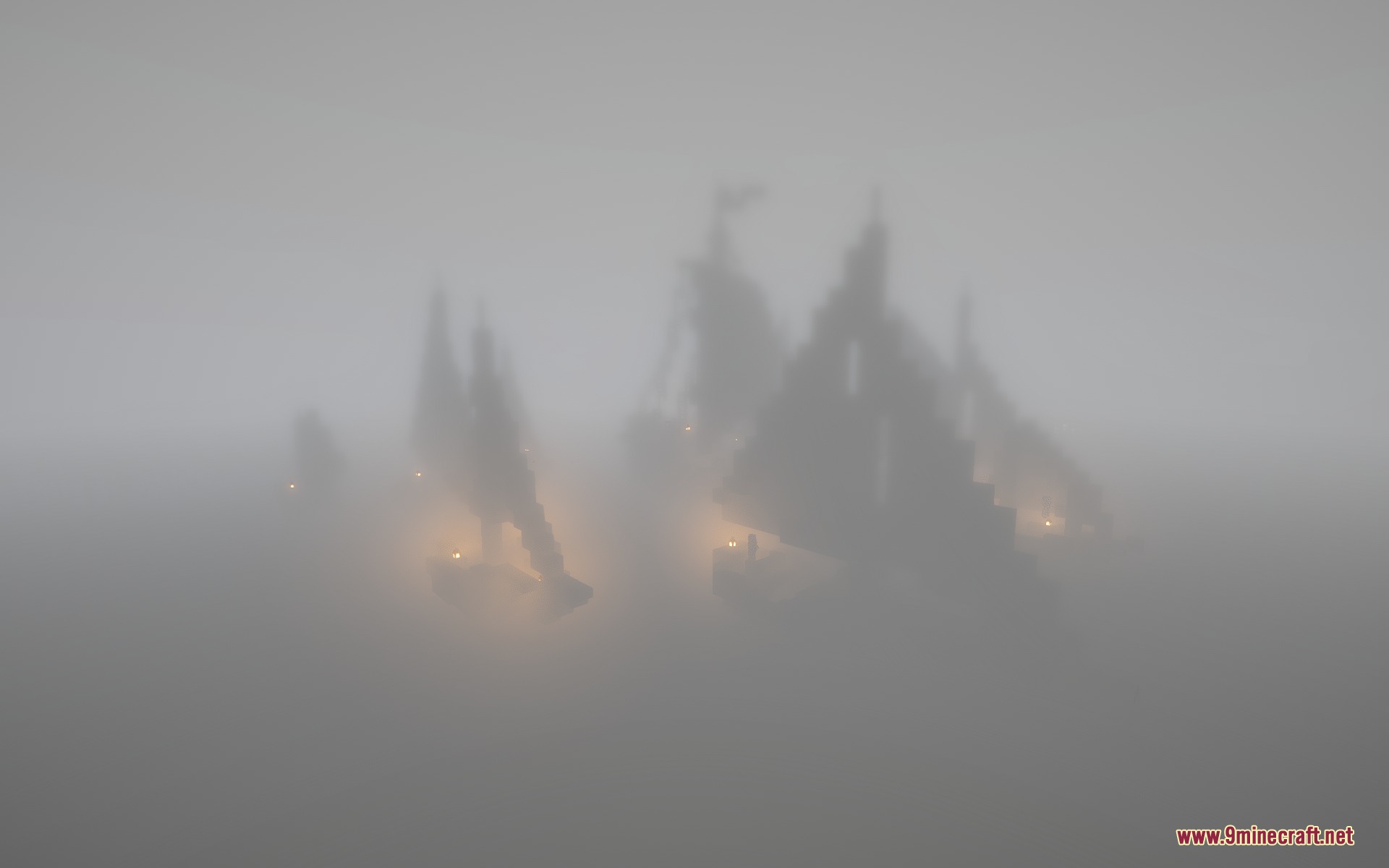 Euphoria Prism Overlay Mod Screenshot 1 Thick morning fog obscures several wooden ships with glowing lanterns on the water