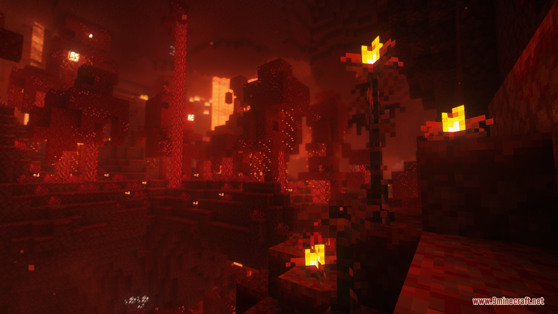 Euphoria Prism Overlay Mod Screenshot 2 Custom shader effects enhance the lighting of a crimson forest in the nether