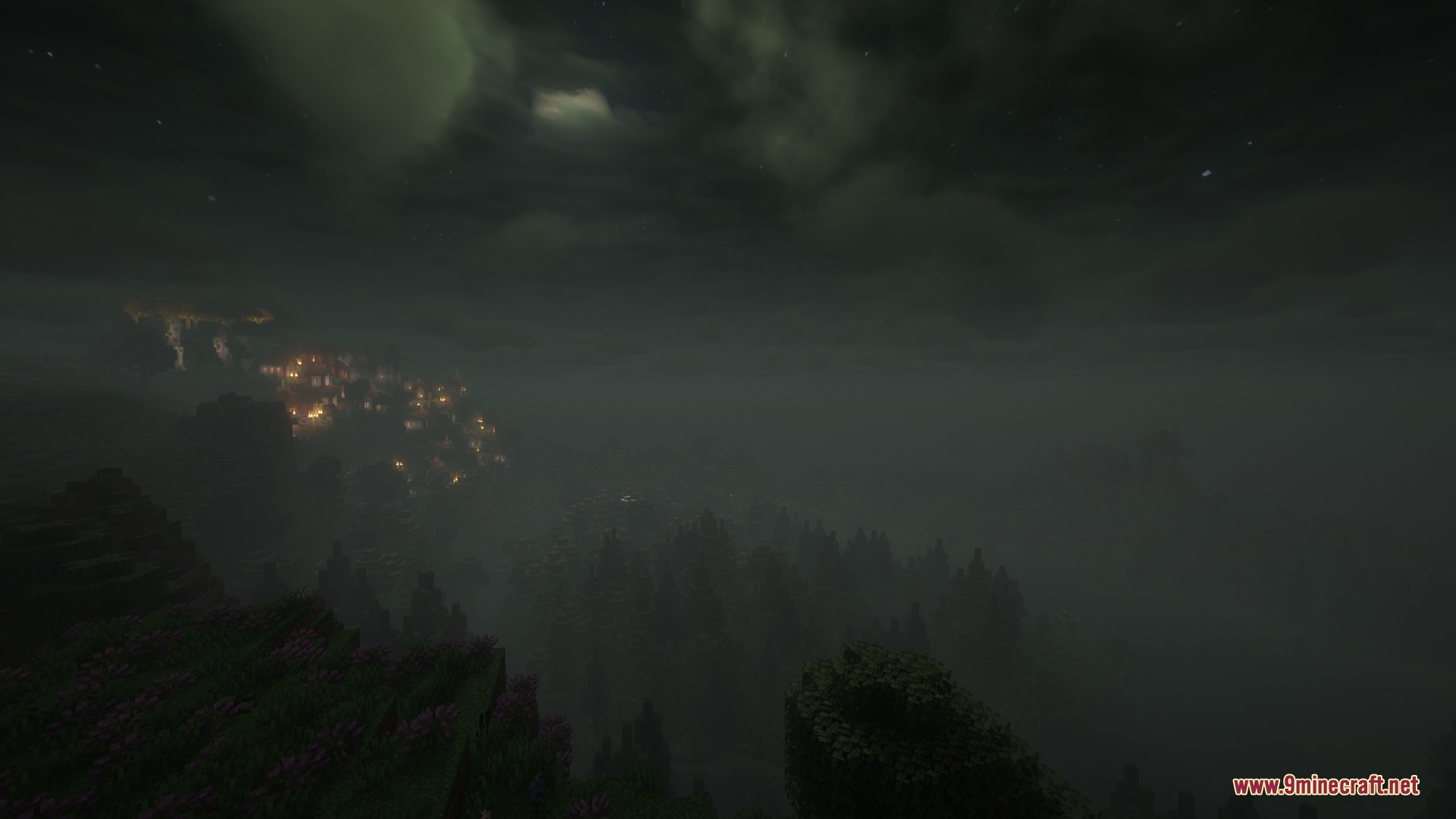 Euphoria Prism Overlay Mod Screenshot 4 Dense morning fog covering a dark landscape with a distant lit village