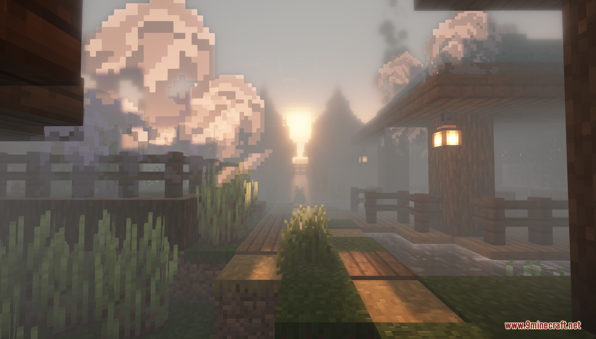 Euphoria Prism Overlay Mod Screenshot 5 Thick morning fog creates a mystical atmosphere along a peaceful wooden garden path