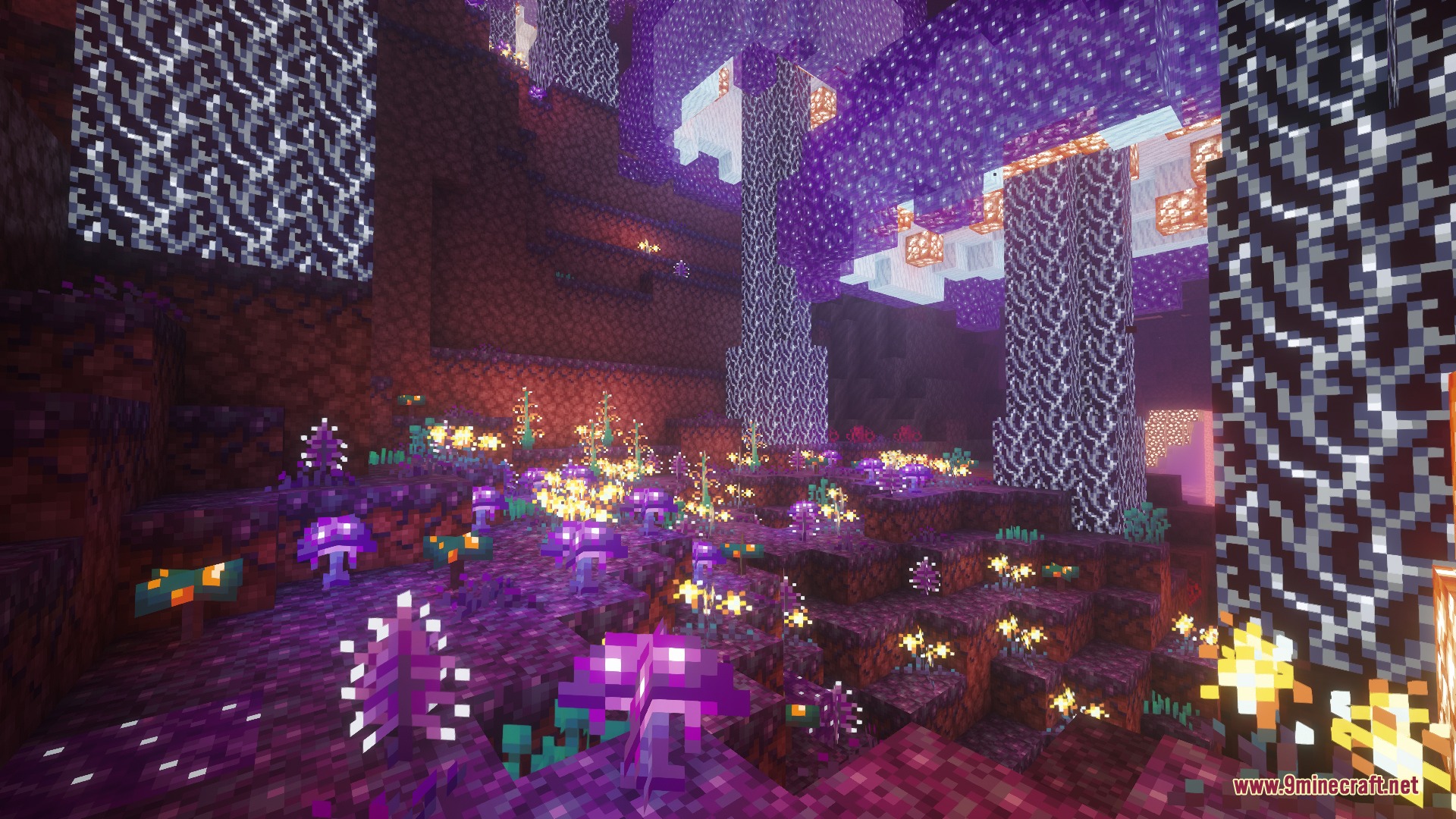 Euphoria Prism Overlay Mod Screenshot 6 Vibrant purple mushrooms and glowing flowers decorate a magical underground forest biome
