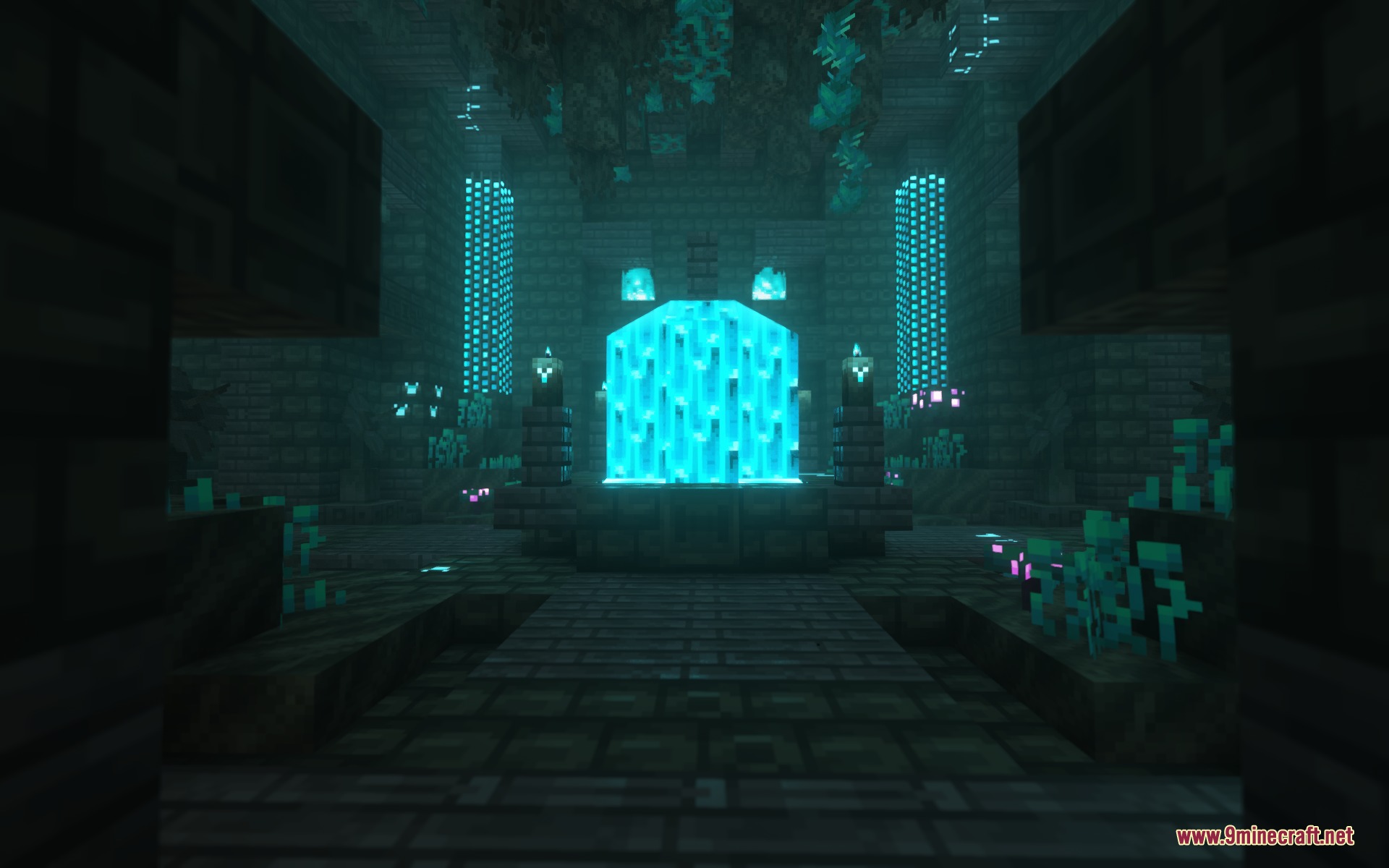 Euphoria Prism Overlay Mod Screenshot 7 A dark stone chamber with a glowing cyan portal and soul lanterns