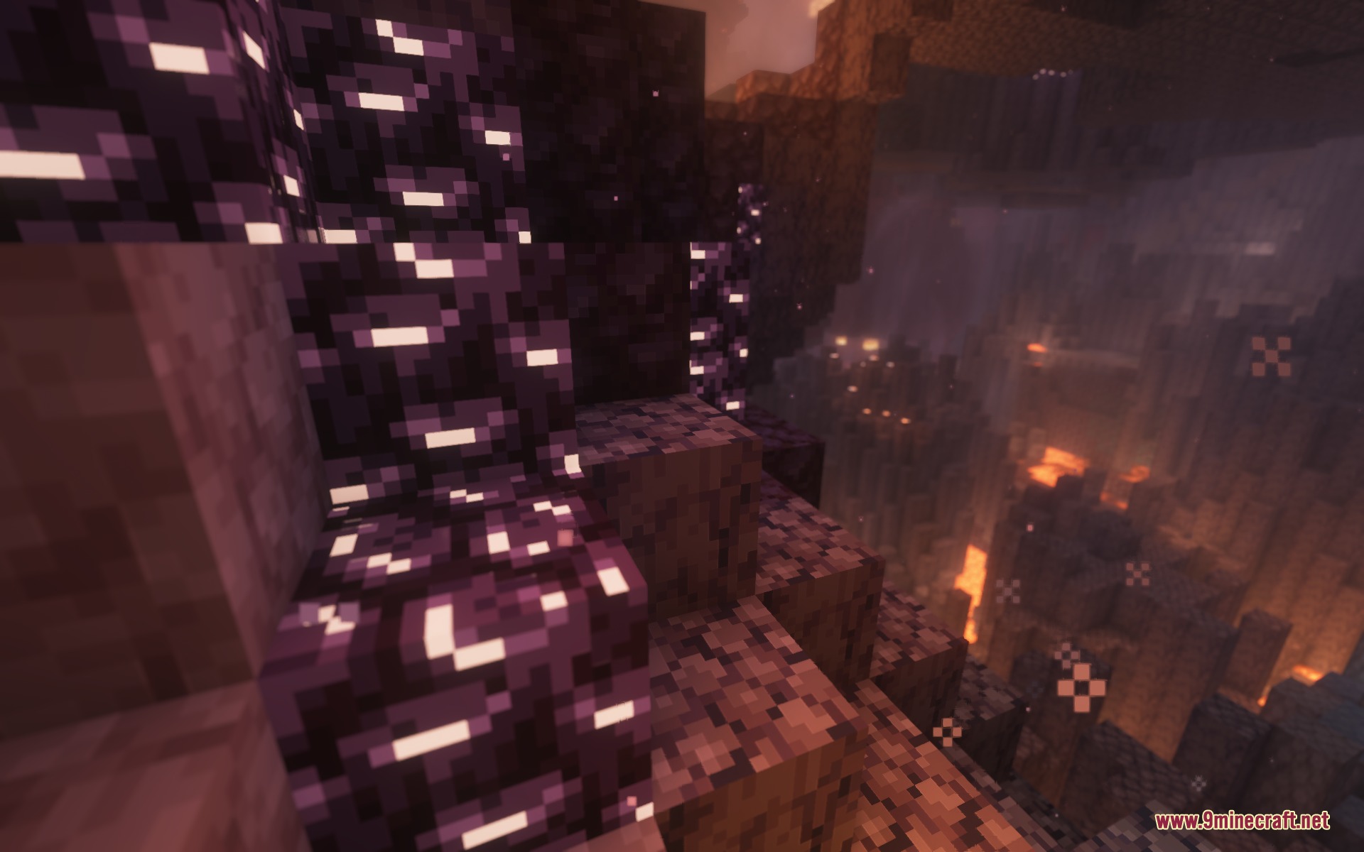 Euphoria Prism Overlay Mod Screenshot 8 Glowing purple obsidian blocks overlooking a deep lava cavern in the Nether