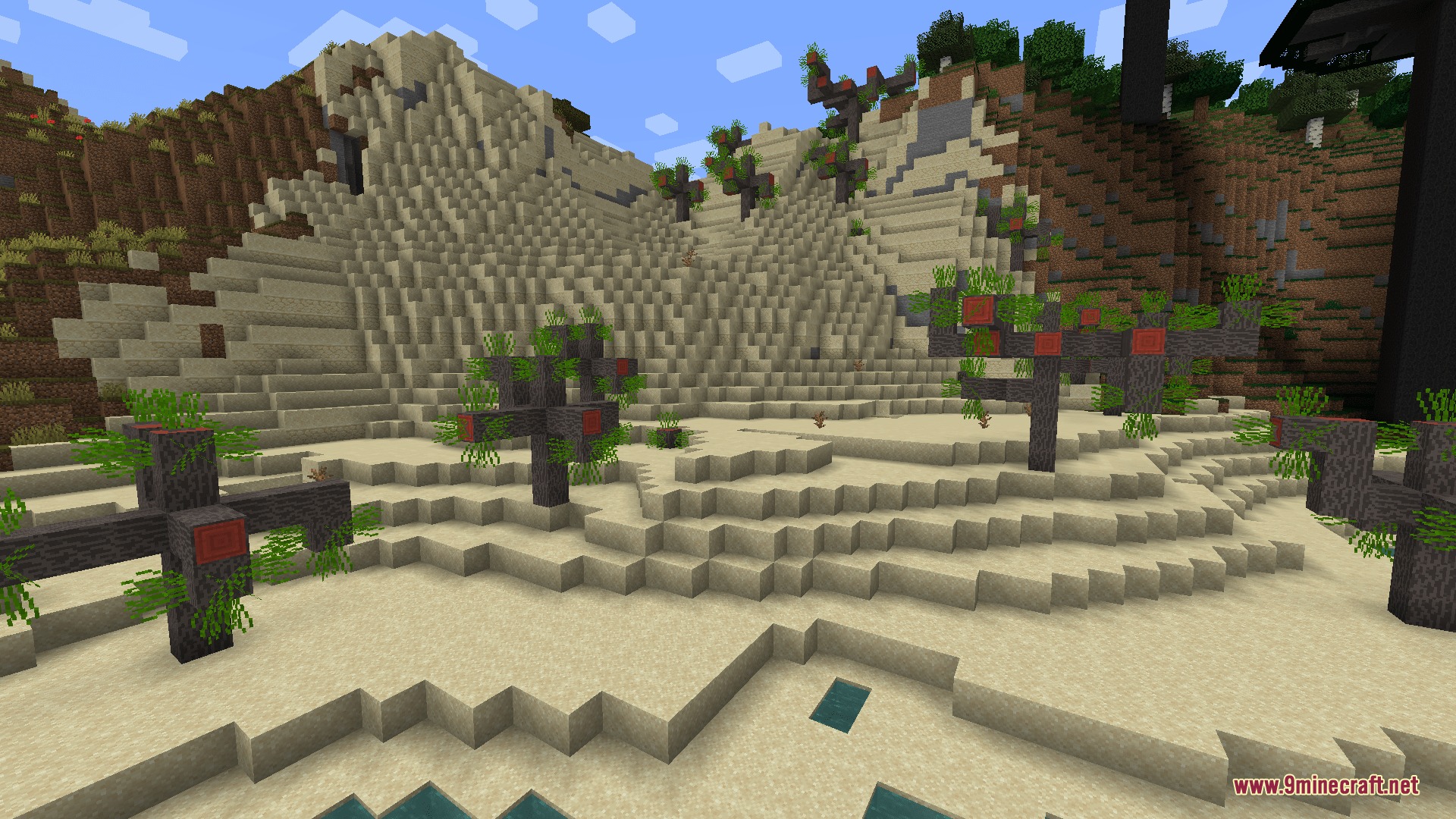 Evergreen Horizon Mod Screenshot 1 Terraced sandy hills featuring unique dark wood trees and red fruit blocks