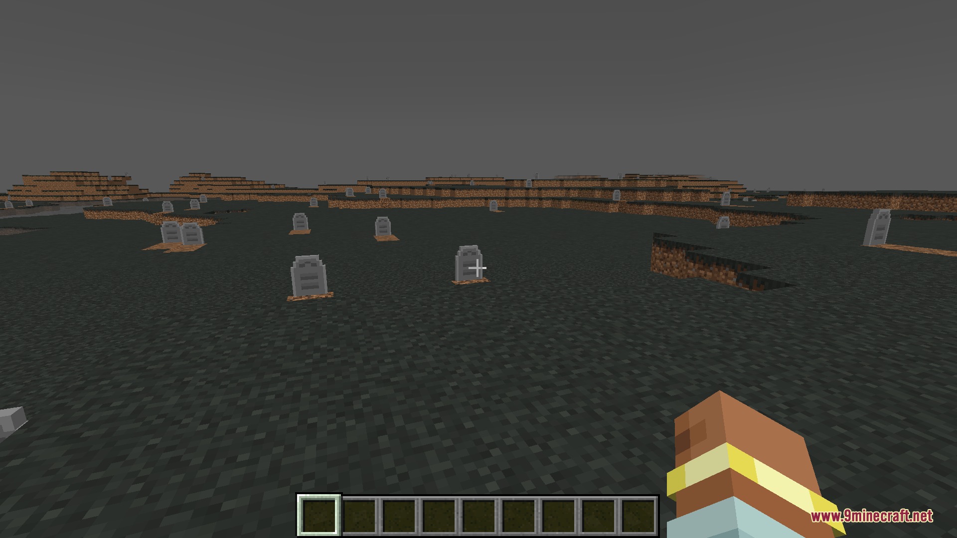 Evergreen Horizon Mod Screenshot 2 A gloomy graveyard biome with grey grass and many stone headstones