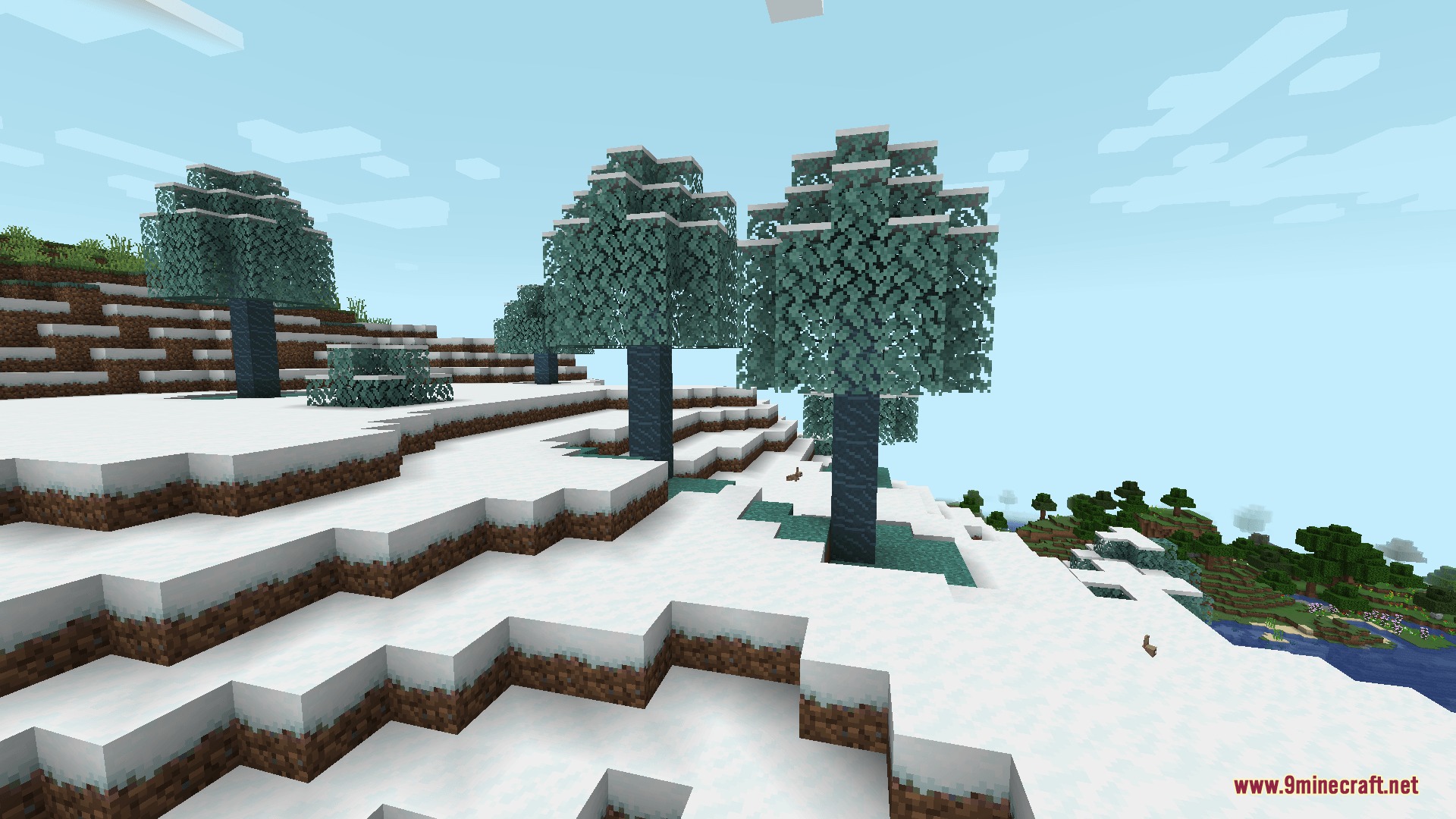 Evergreen Horizon Mod Screenshot 4 Teal colored trees growing on a snowy hill in a winter biome