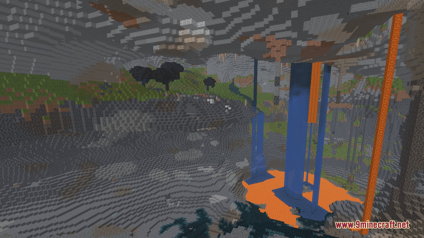 Evergreen Horizon Mod Screenshot 6 A massive underground cave biome featuring waterfalls lava falls and custom trees