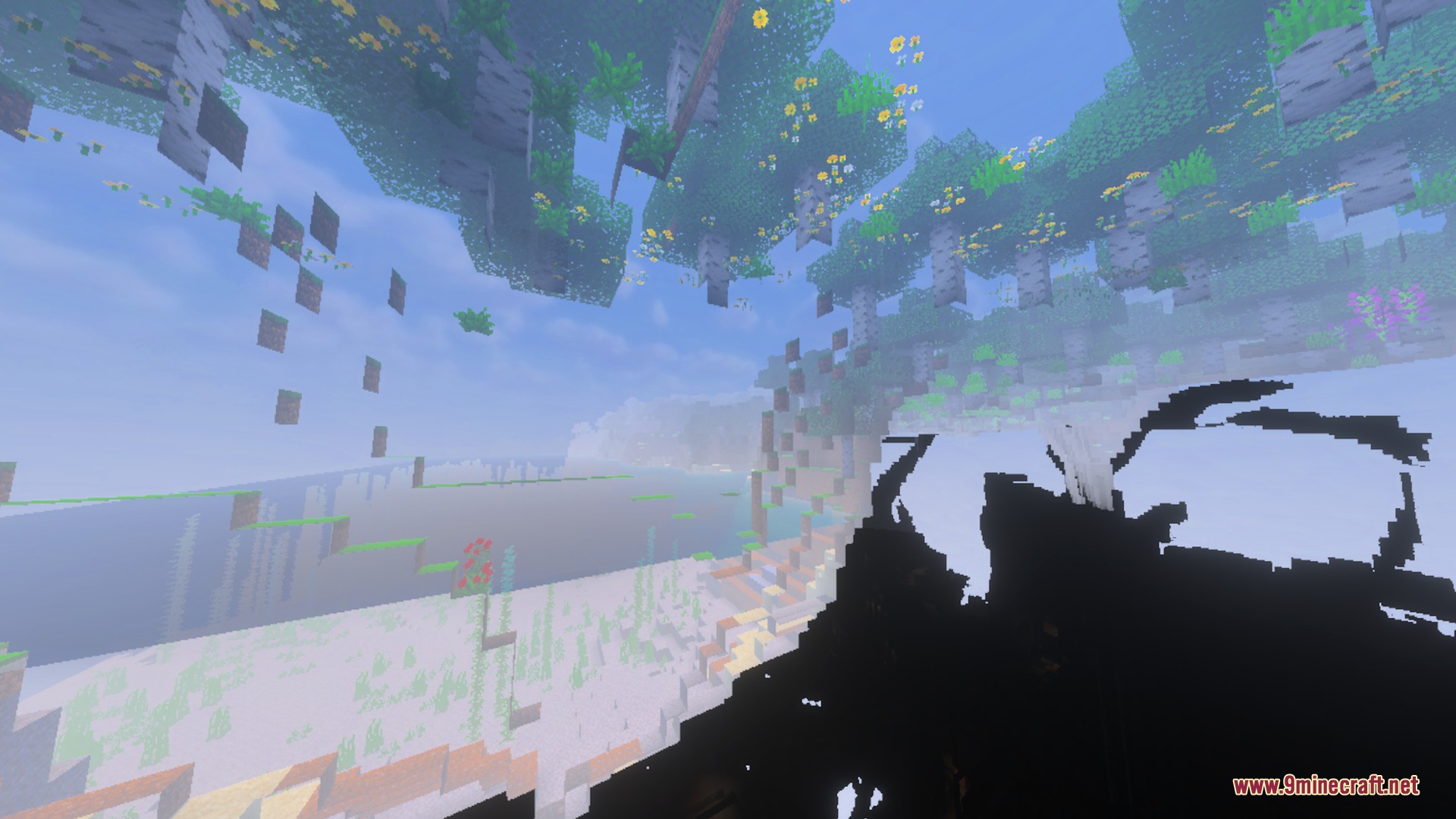 Evermist Shader Screenshot 2 Birch trees and floating blocks viewed from the shadows of a cave