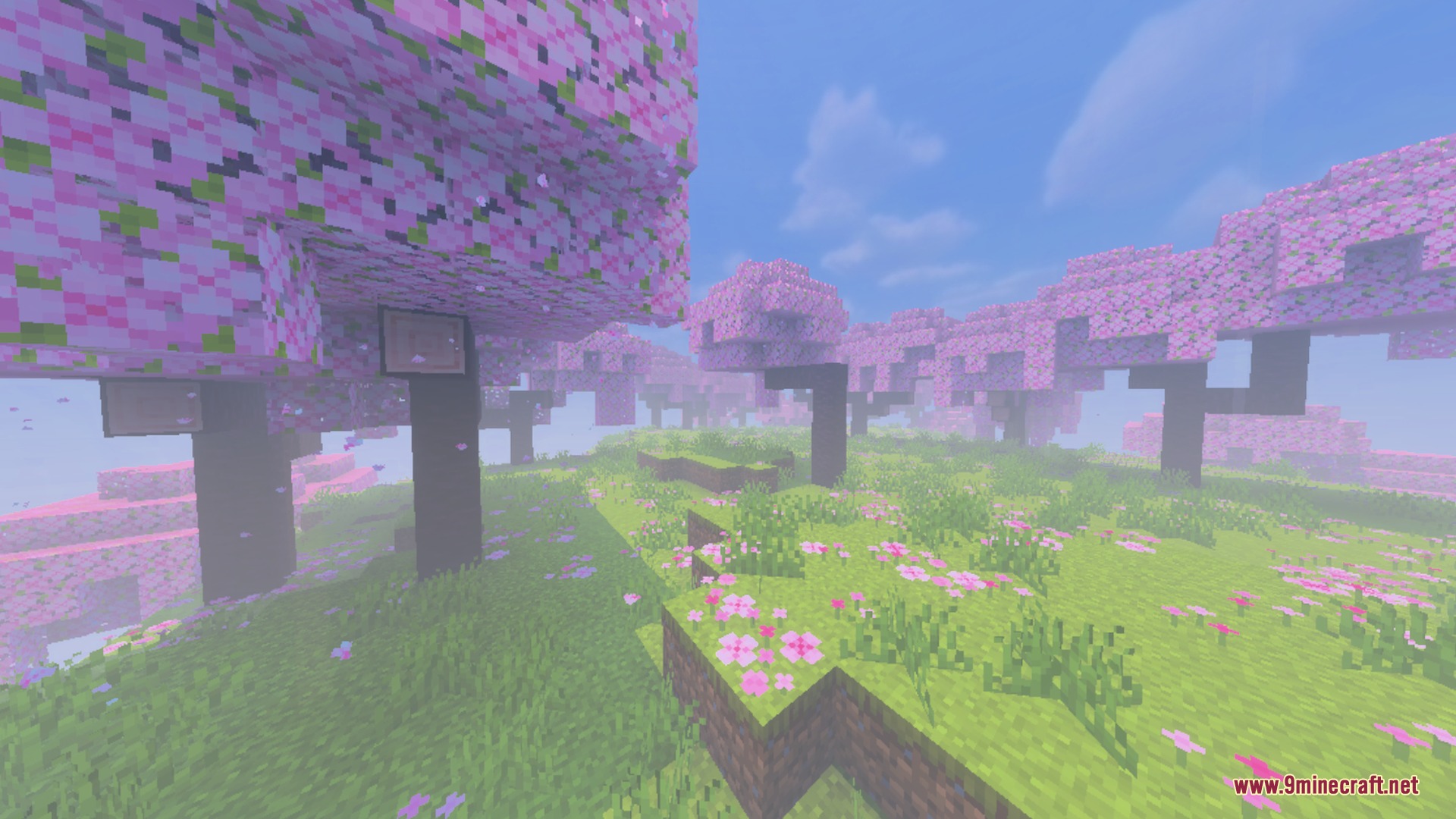 Evermist Shader Screenshot 6 Vibrant cherry grove biome featuring pink trees and lush green grass with flowers