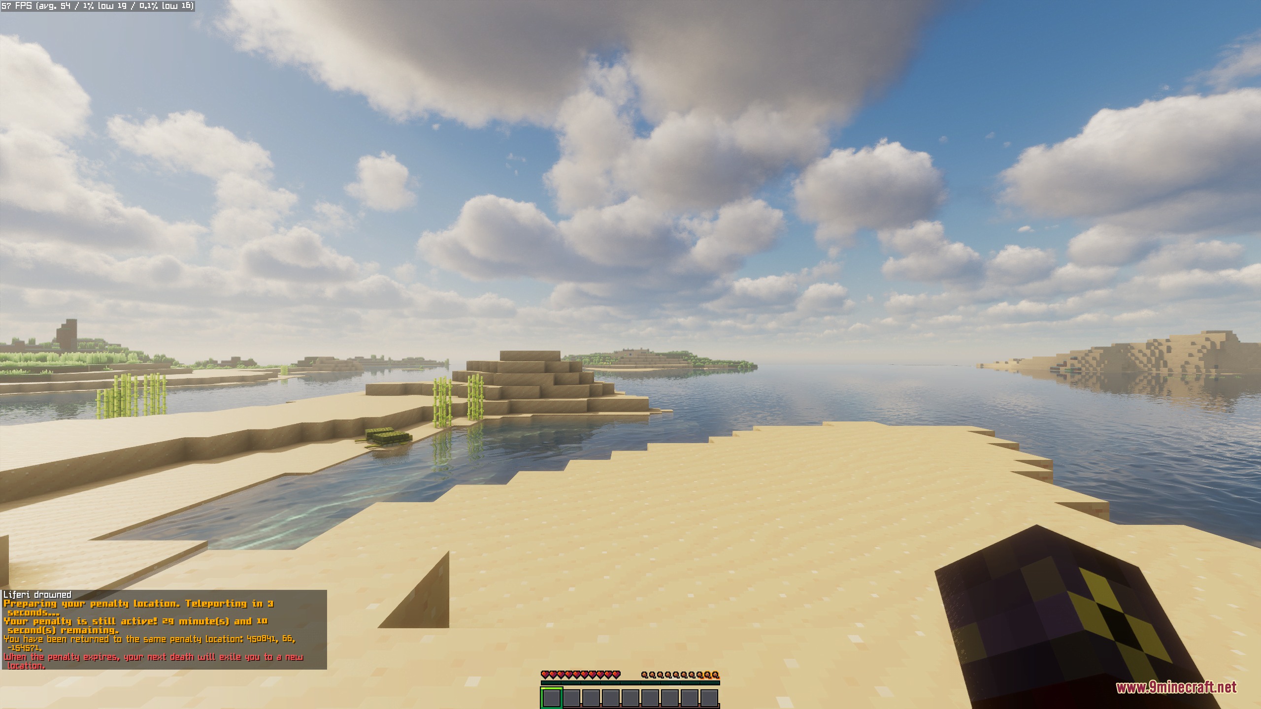A player stands on a sandy beach while preparing for a penalty teleport