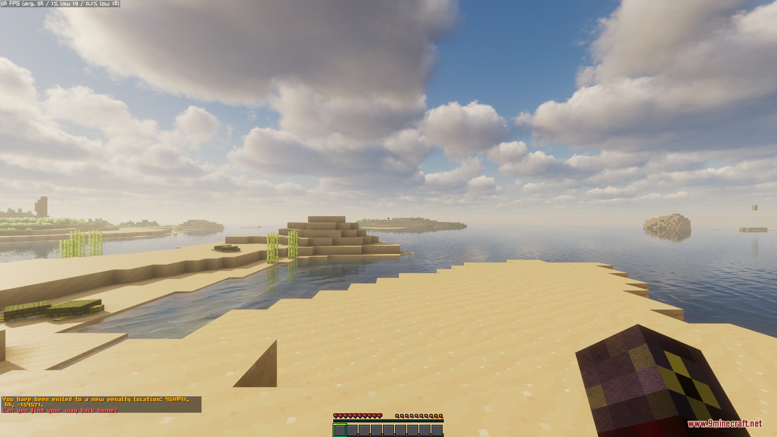 The player arrives at a remote desert island after being exiled upon death