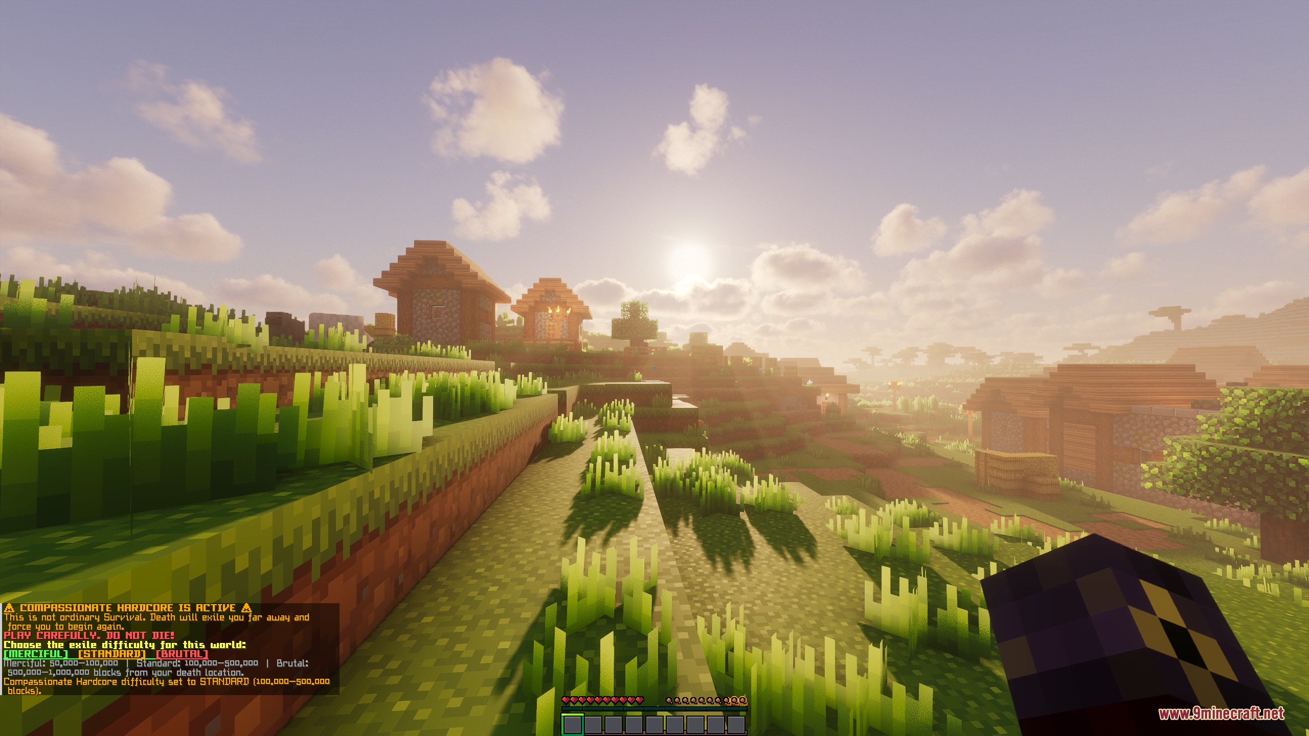 Player selects a difficulty profile for the Exiled Horizons mod in a village