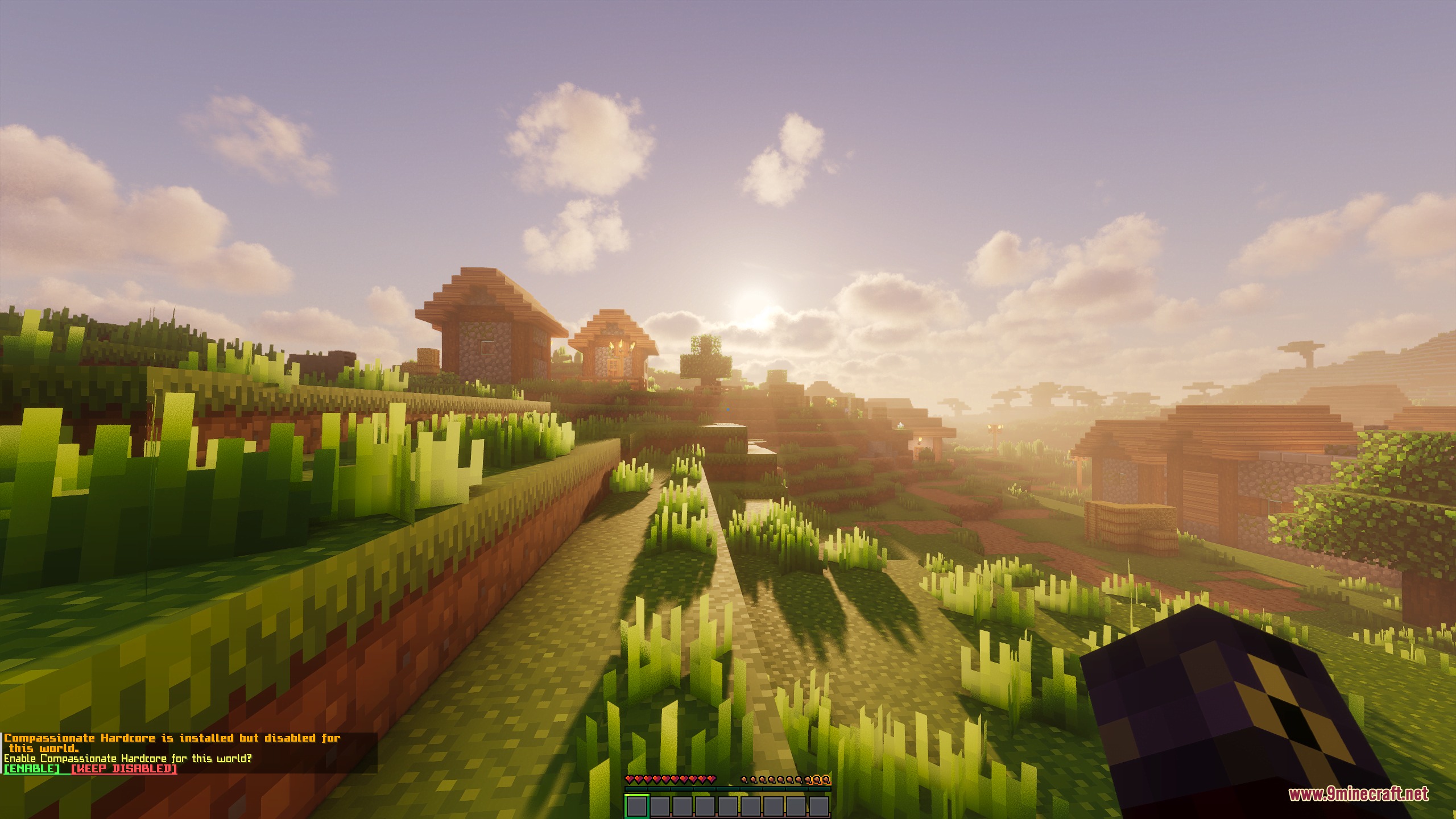 A scenic Minecraft village at sunset with a chat prompt for survival mode
