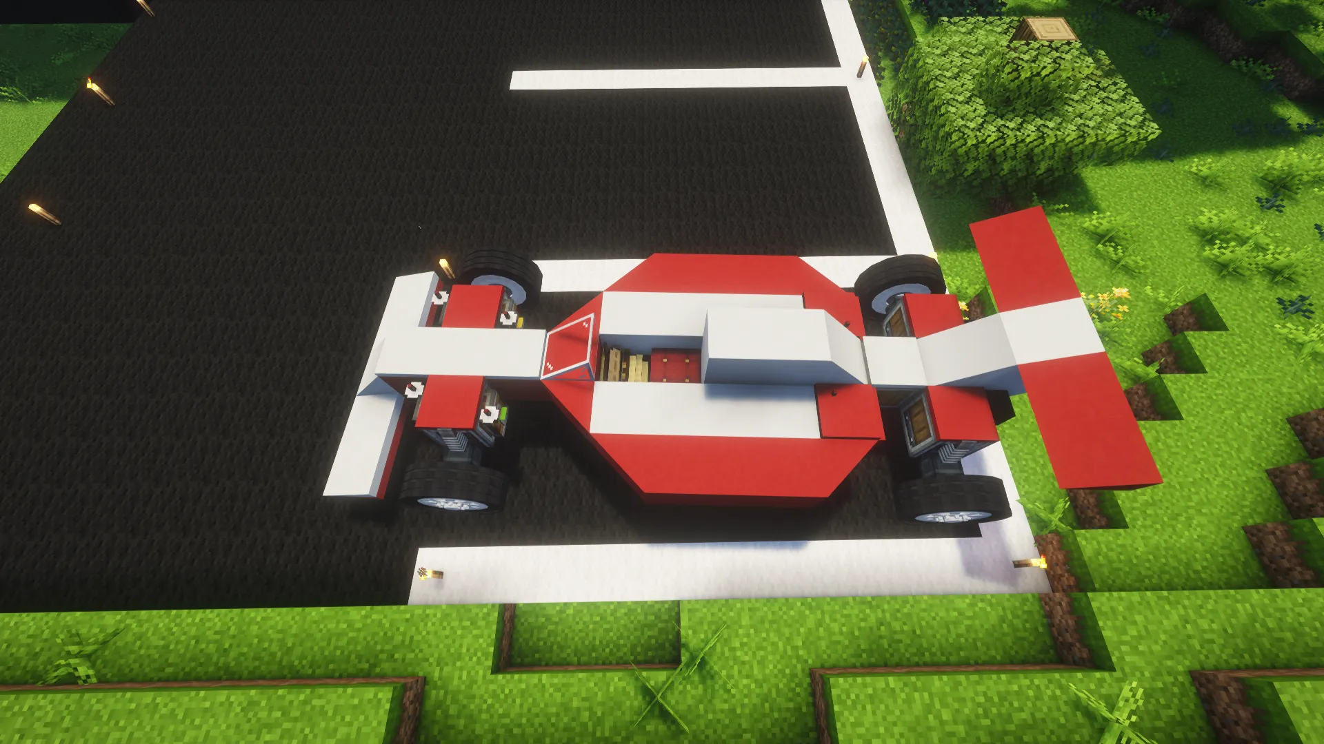 F1 Schematic Screenshots 1 Top down view of a red and white racing car in Minecraft