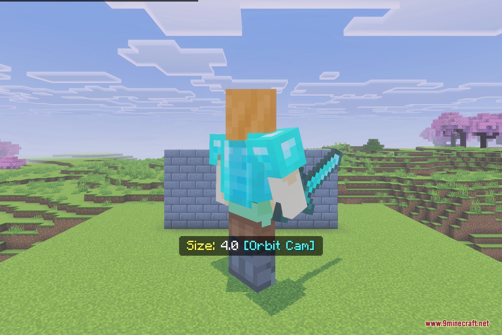 FIXED Player Resizer Addon Screenshot 1 A giant player wearing diamond armor standing in a grassy field