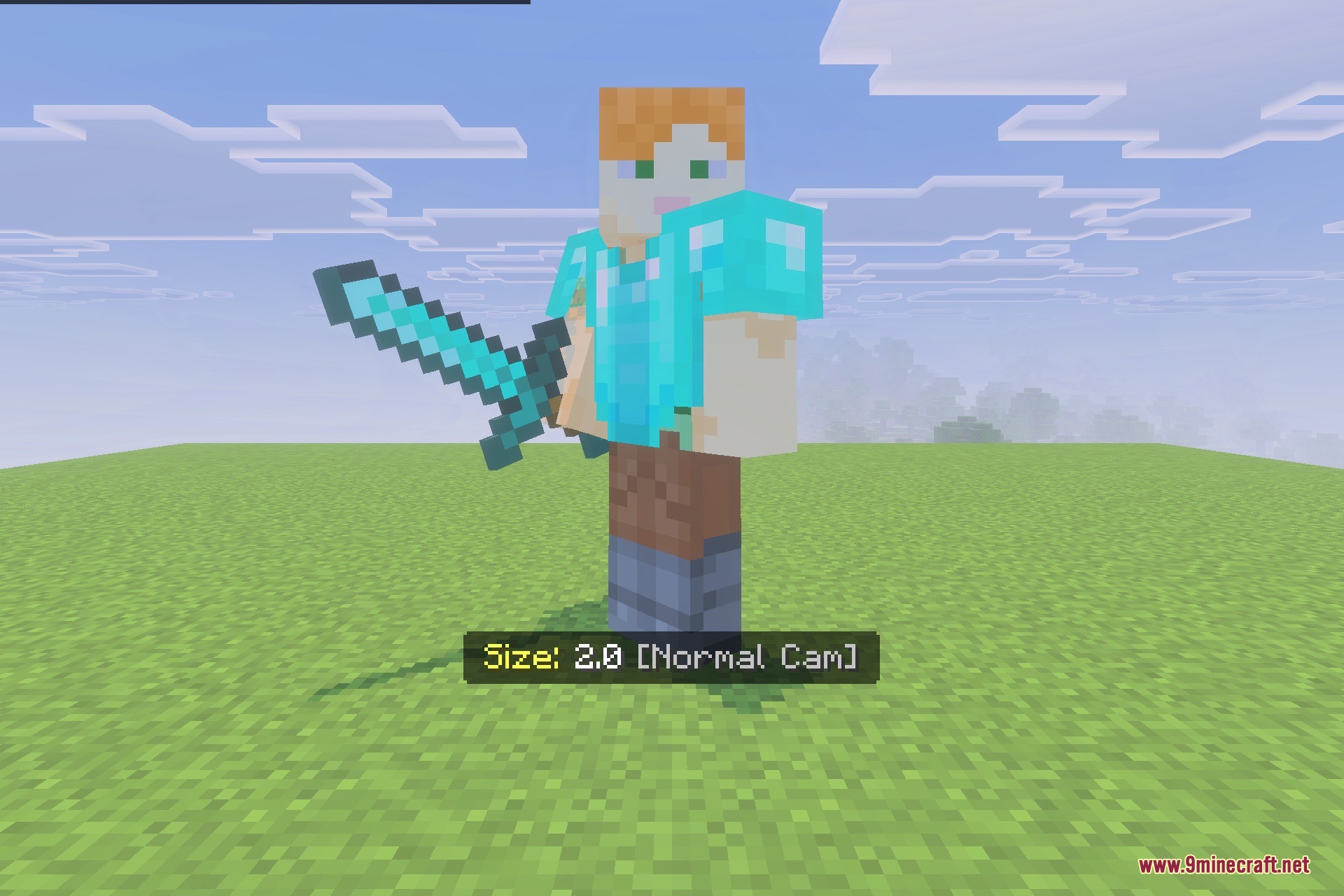 FIXED Player Resizer Addon Screenshot 4 A large player model holding a diamond sword in an open green field