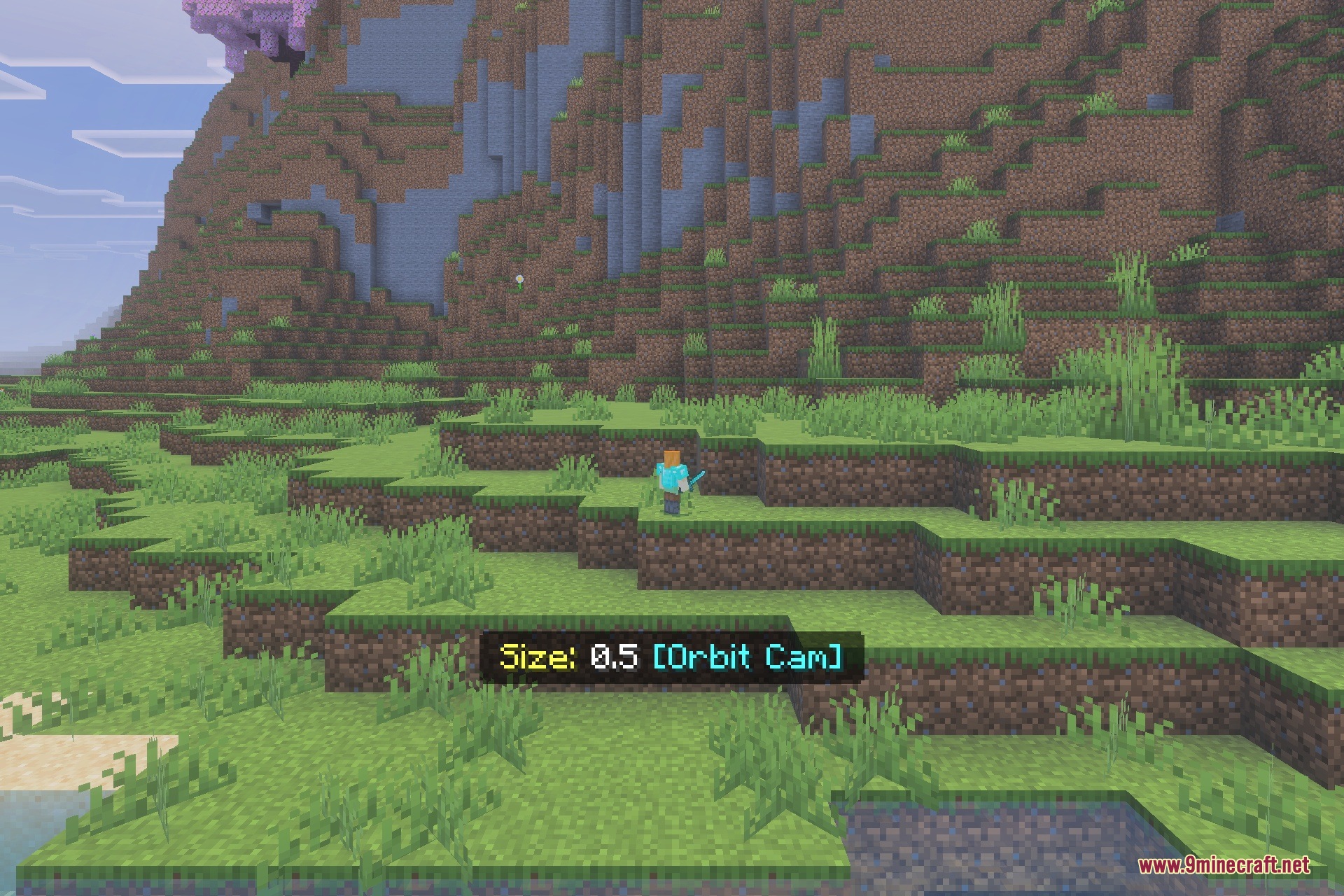 FIXED Player Resizer Addon Screenshot 5 A small player character standing on a grassy hill with a mountain background