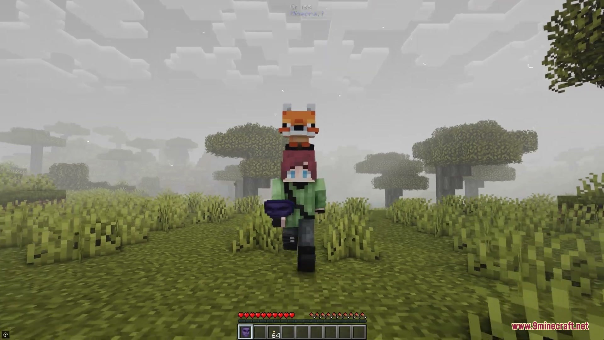 Faceless Persona Mod Screenshot 1 Player character using a fox disguise while walking through a foggy savanna biome