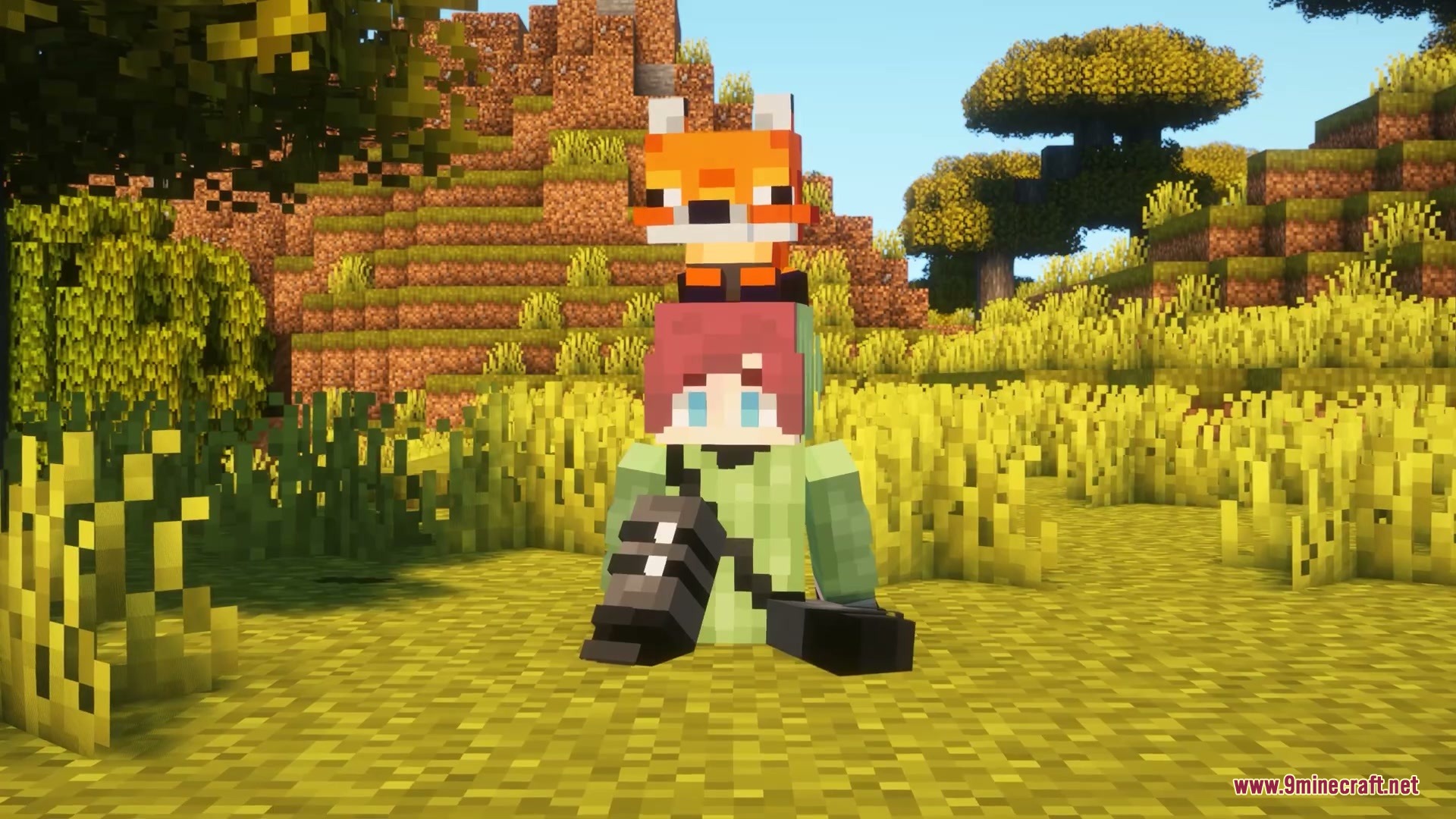 Faceless Persona Mod Screenshot 11 A Minecraft character sitting in a field with a fox on their head